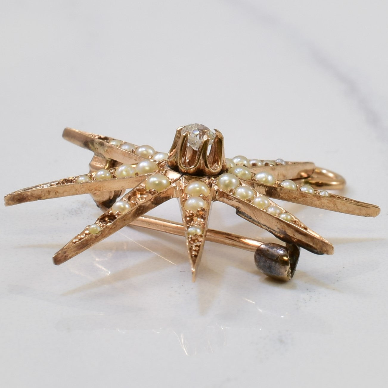 Edwardian Seed Pearl & Diamond Star Brooch/Pendant | 0.50ctw, 0.07ct |