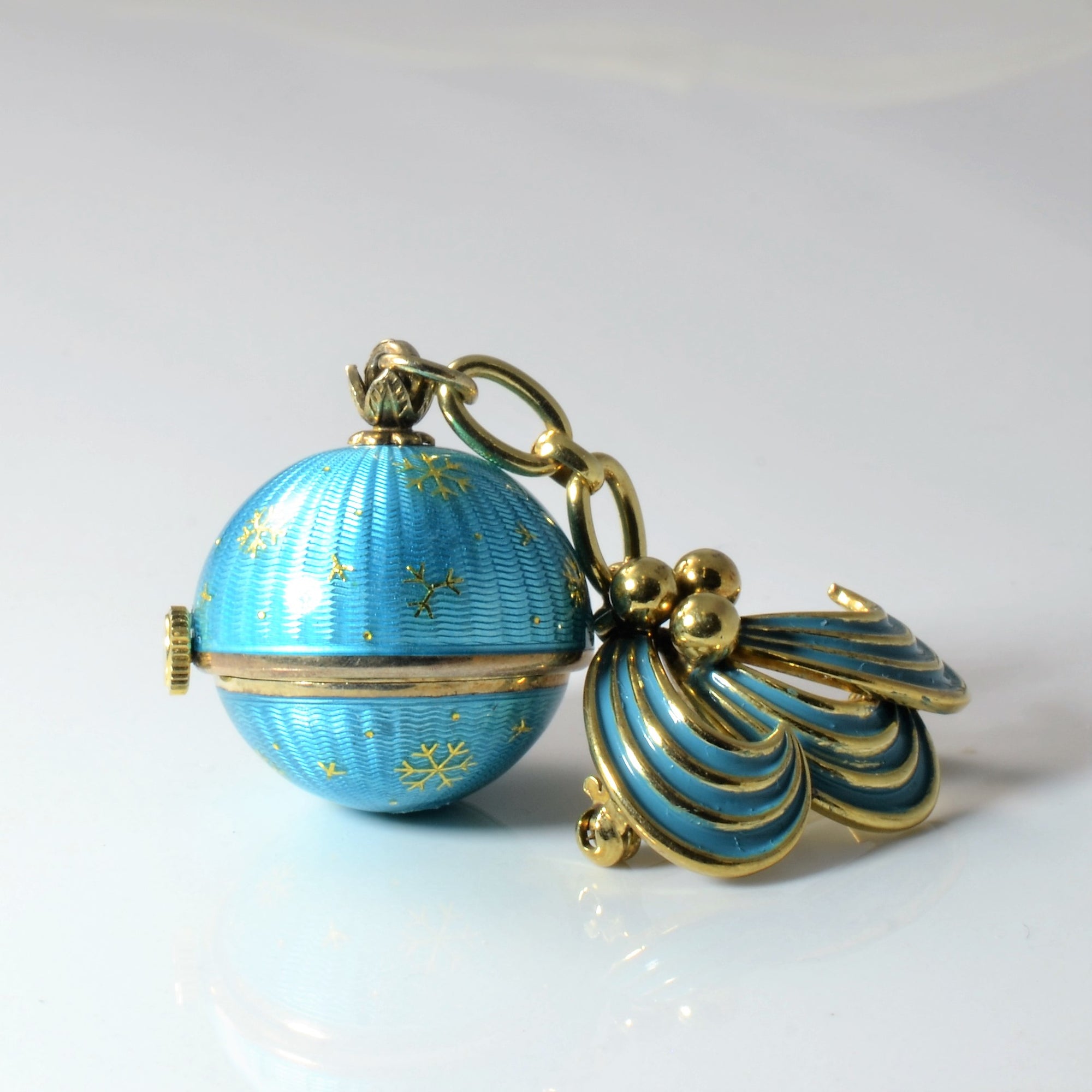 buy vintage brooches online, like this 'Ebel' Blue Brooch, gold chain, enameled brooch.