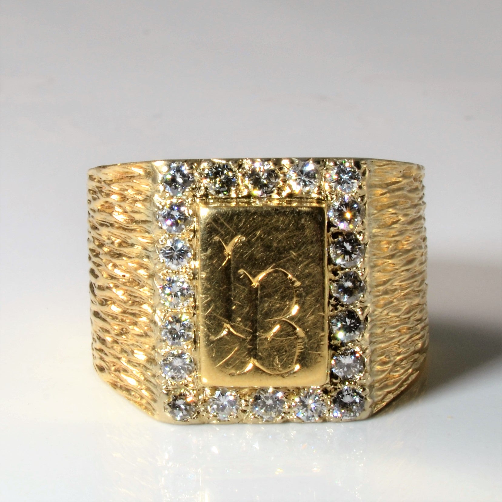 Diamond Brushed Texture Heavy Gold Signet Ring | 0.80ctw | SZ 12.75 |
