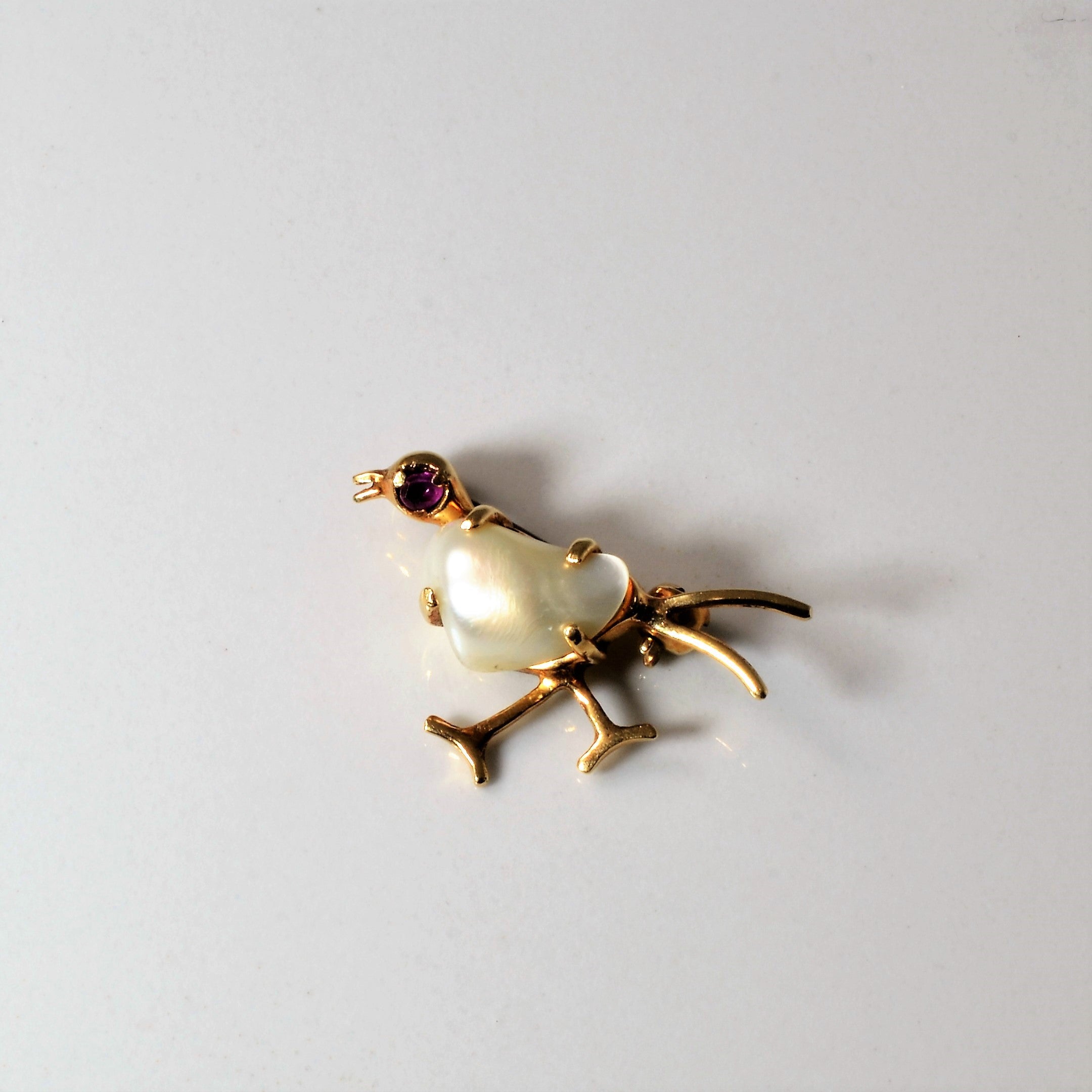 Pearl & Ruby Bird Design Gold Brooch | 0.03ct |