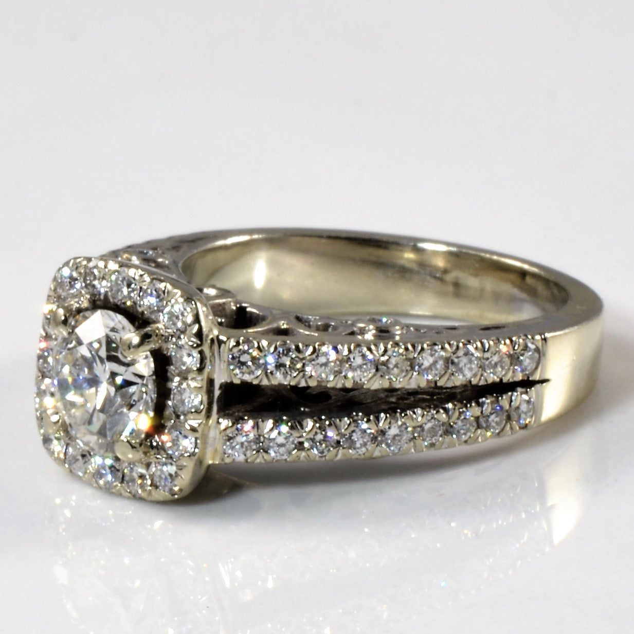 Pave Diamond Split Shank Halo Engagement Ring | 1.37ctw | SZ 5 |