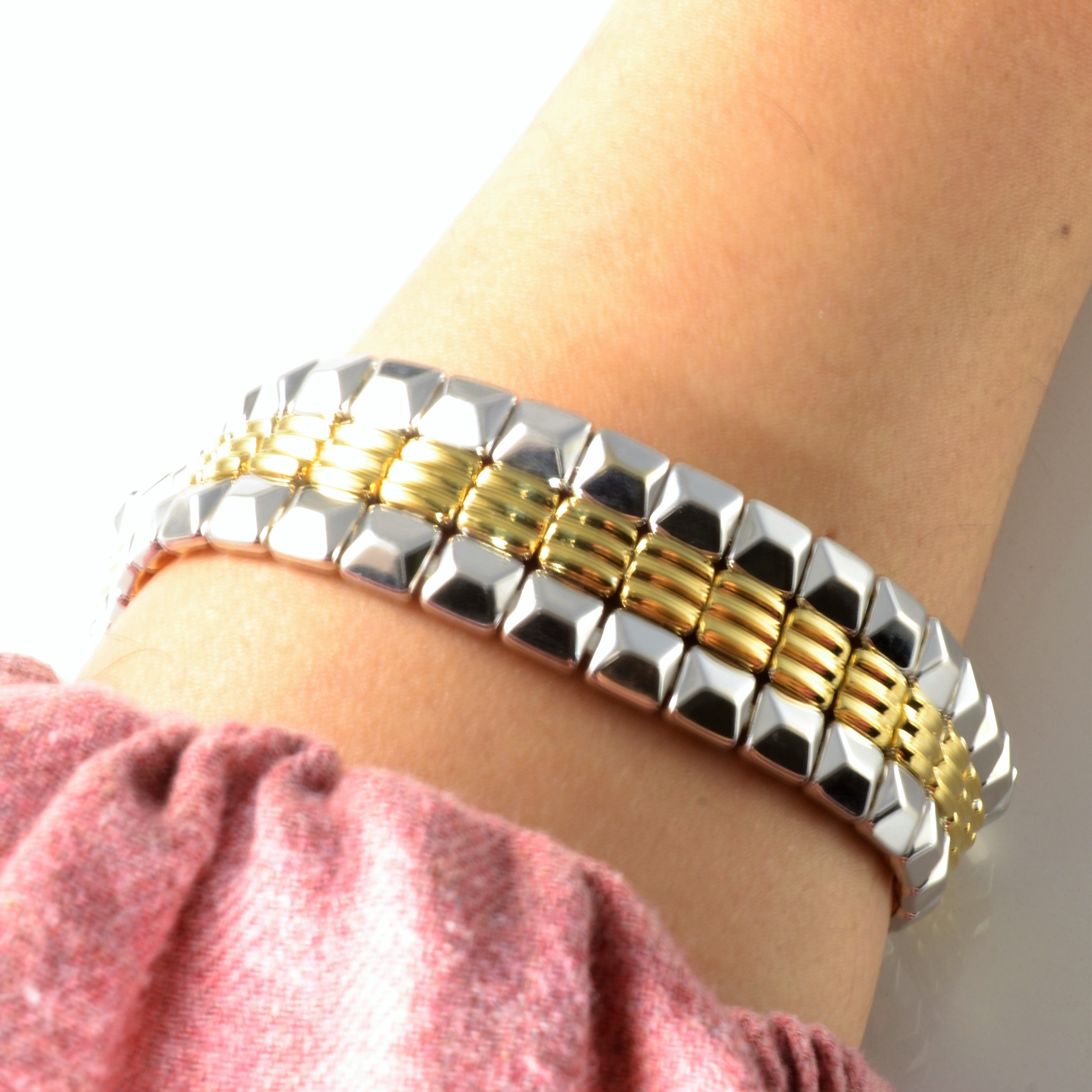 'Chimento' Two Tone Gold Textured Chain Bracelet | 0.10ctw | 7.5"|
