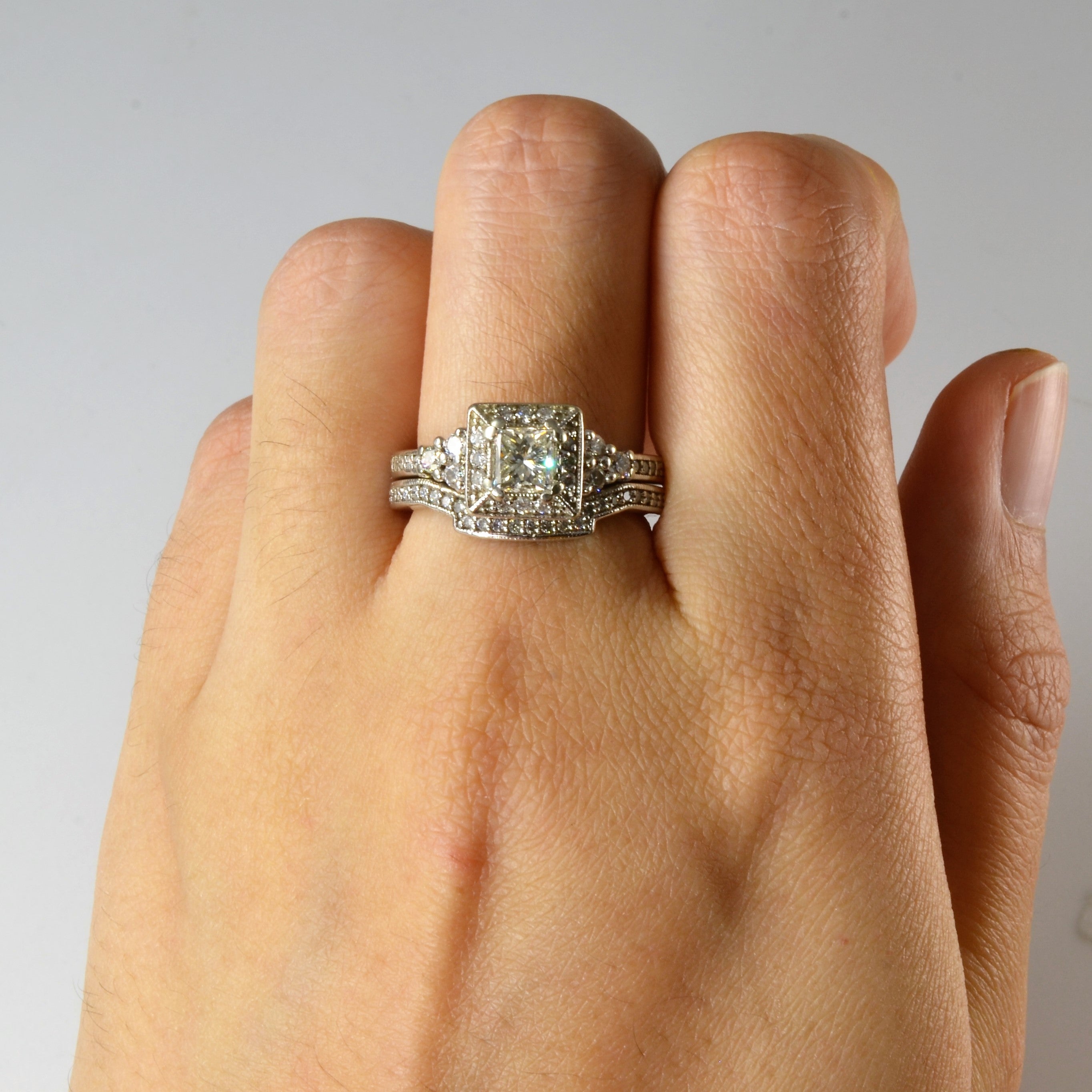 Soldered Milgrain Diamond Halo Wedding Set | 1.28ctw | SZ 7.25 |