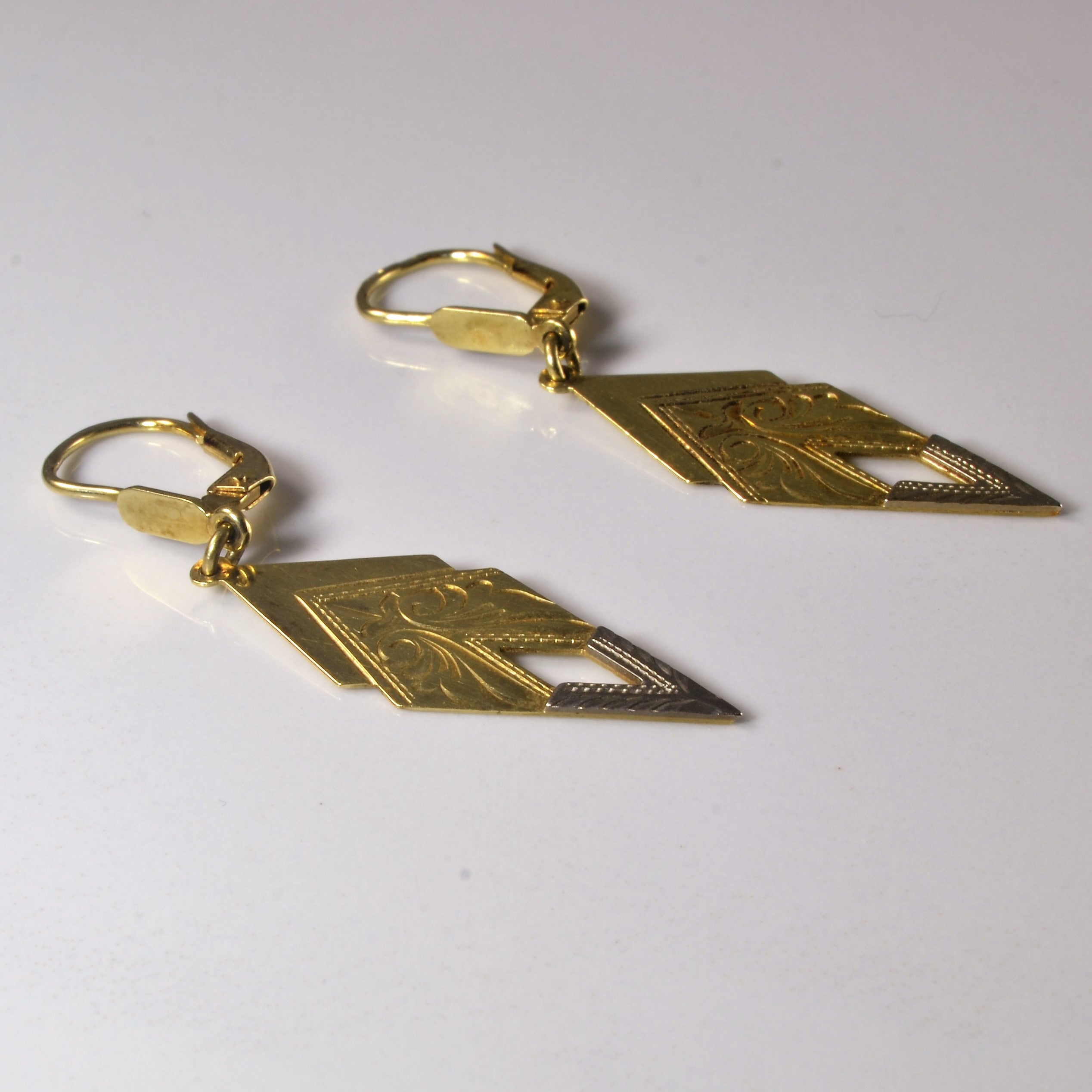 Two Tone Carved Gold Dangle Earrings