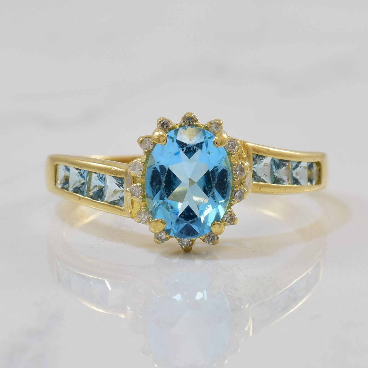 Blue Topaz & Diamond Halo Bypass Ring | 1.90ctw, 0.05ctw | SZ 9.5 |
