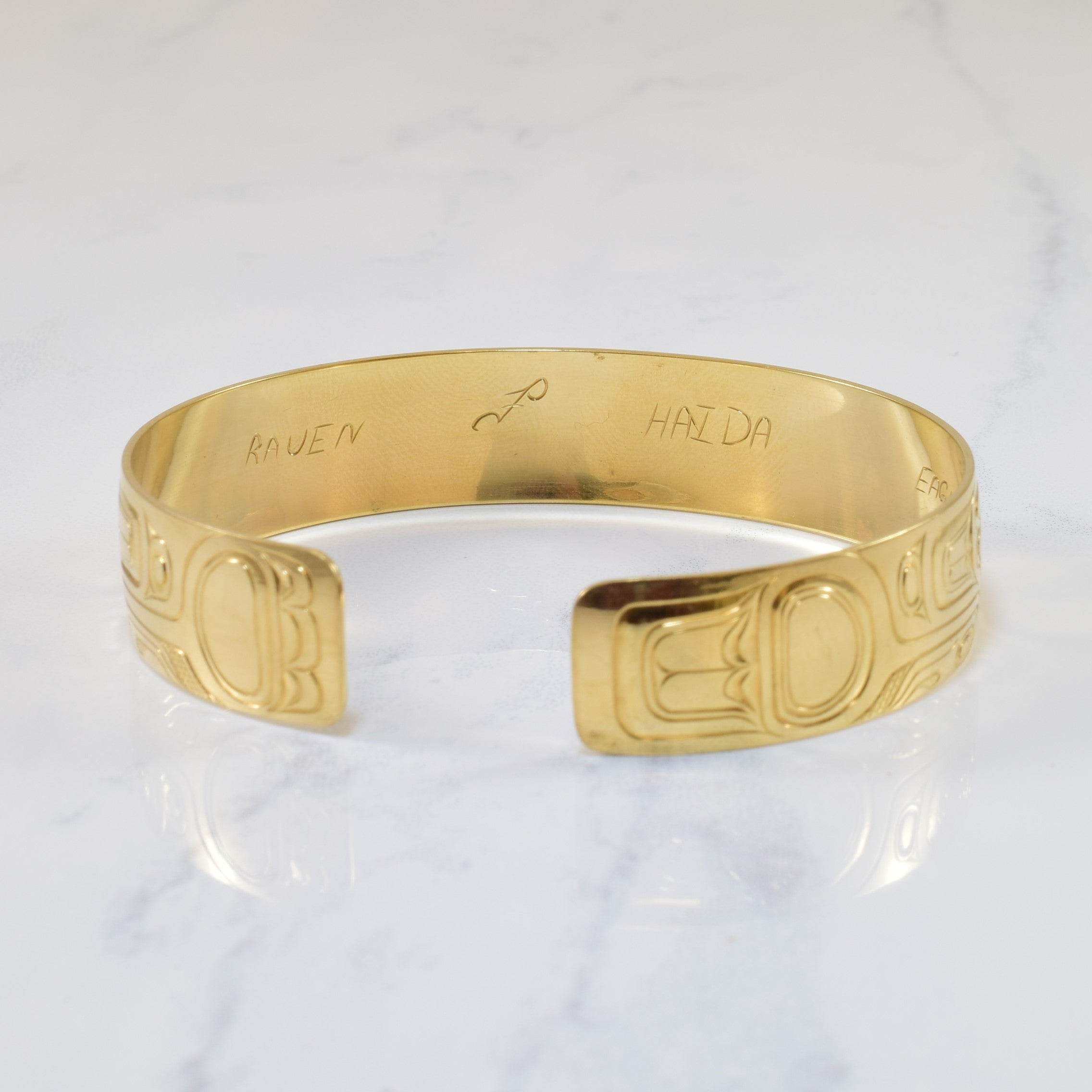 Hand Carved Raven & Eagle Indigenous Art Bangle | 7" |