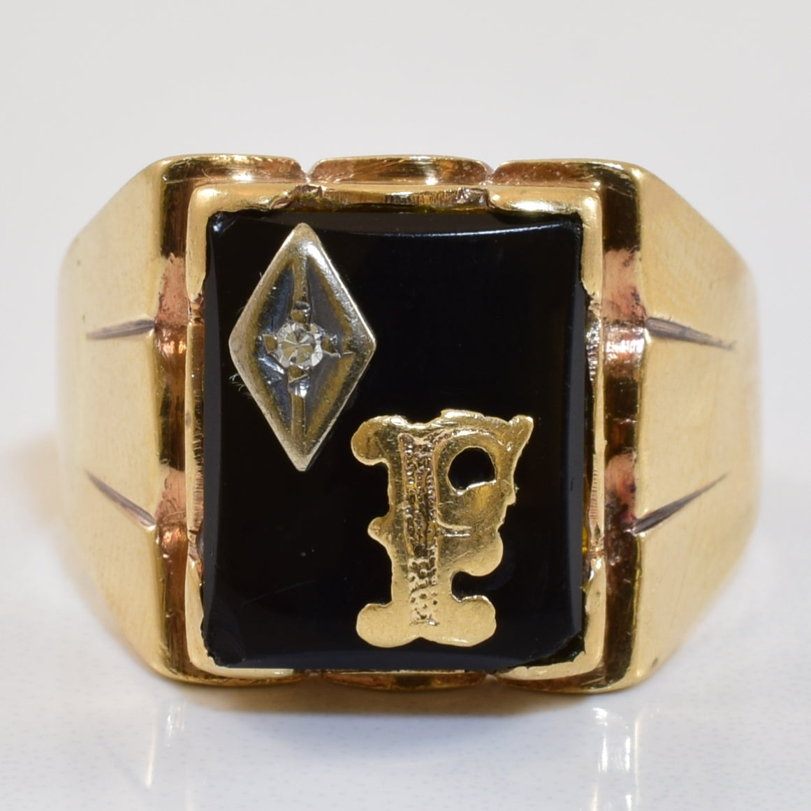 Black Onyx & Diamond Initial 'F' Ring | 4.00ct, 0.01ct | SZ 7.75 |
