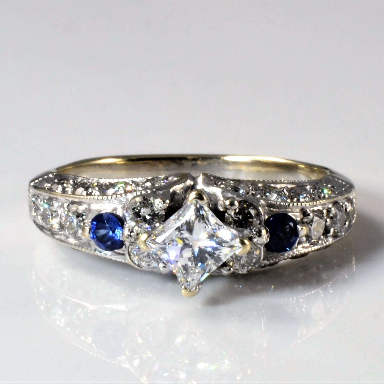 Bague de fiançailles princesse en diamant et saphir | 0,12 ct, 1,15 ct | Taille 7 |