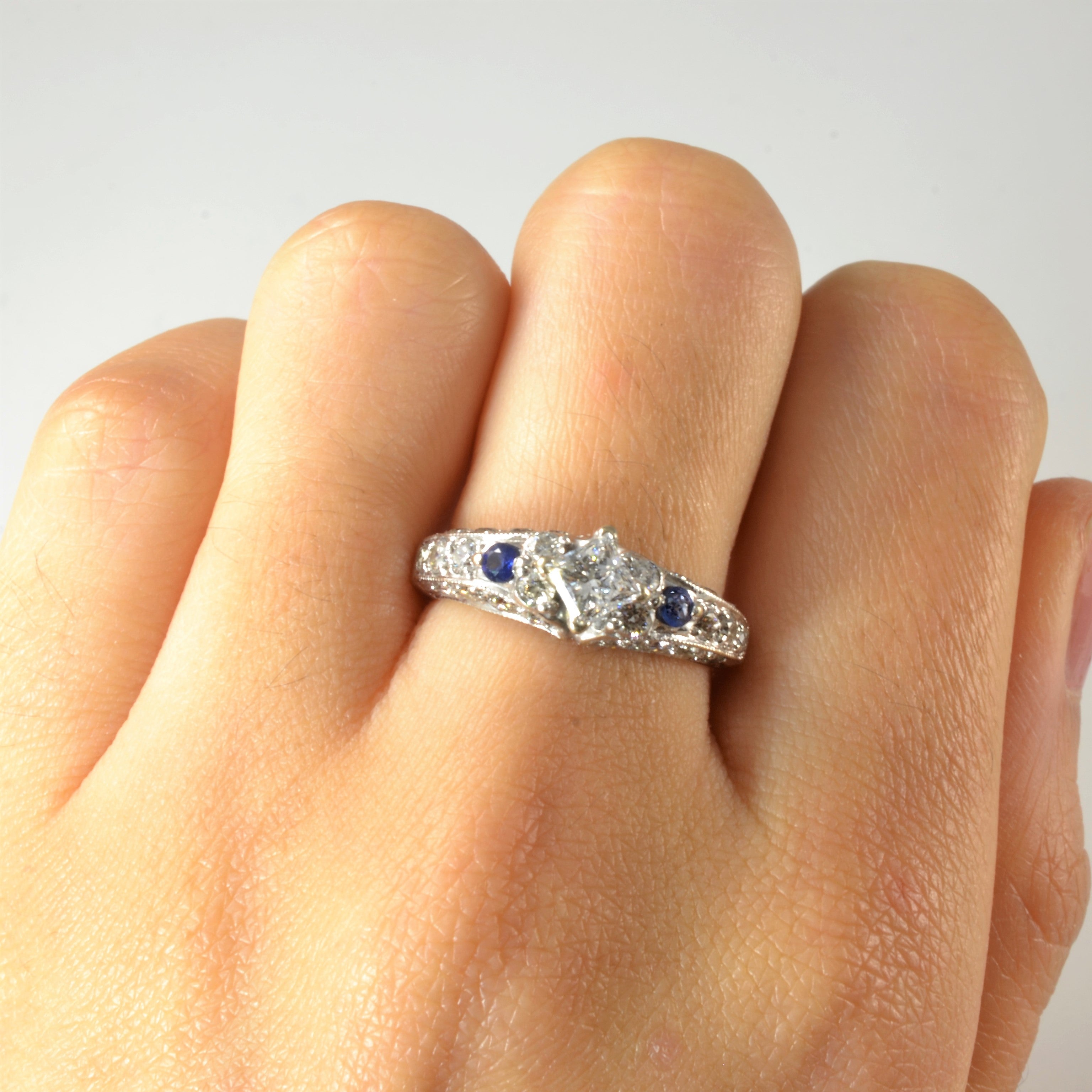 Bague de fiançailles princesse en diamant et saphir | 0,12 ct, 1,15 ct | Taille 7 |