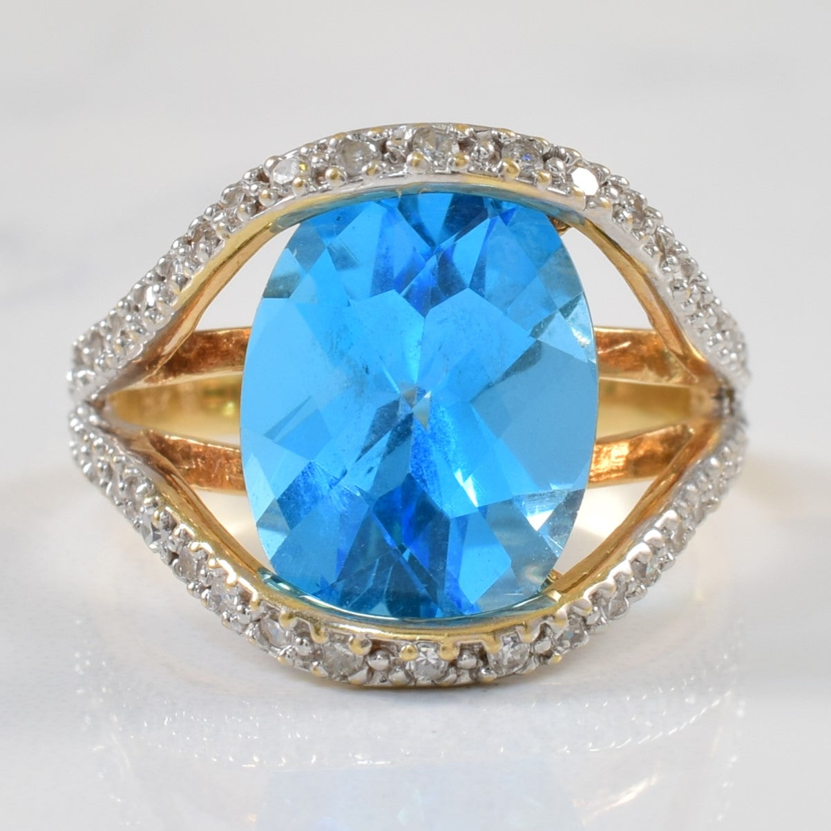 Blue Topaz & Diamond Split Shank Cocktail Ring | 6.25ct, 0.20ctw | SZ 7.25 |