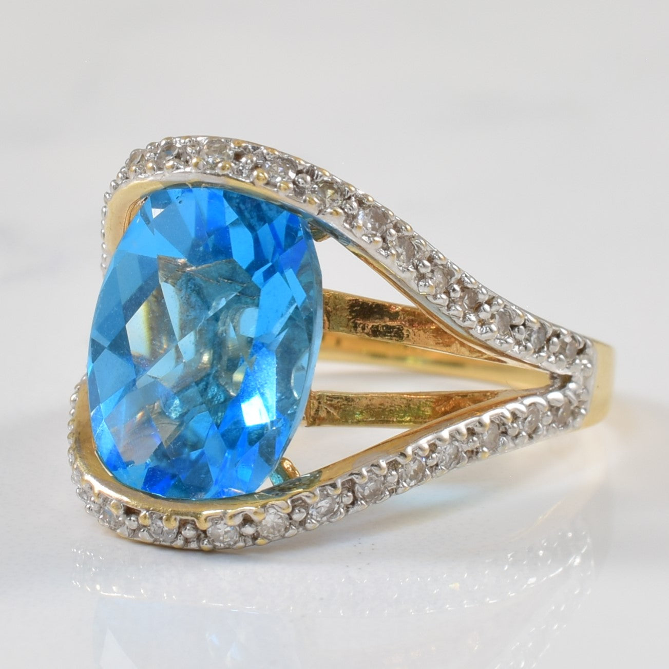 Blue Topaz & Diamond Split Shank Cocktail Ring | 6.25ct, 0.20ctw | SZ 7.25 |