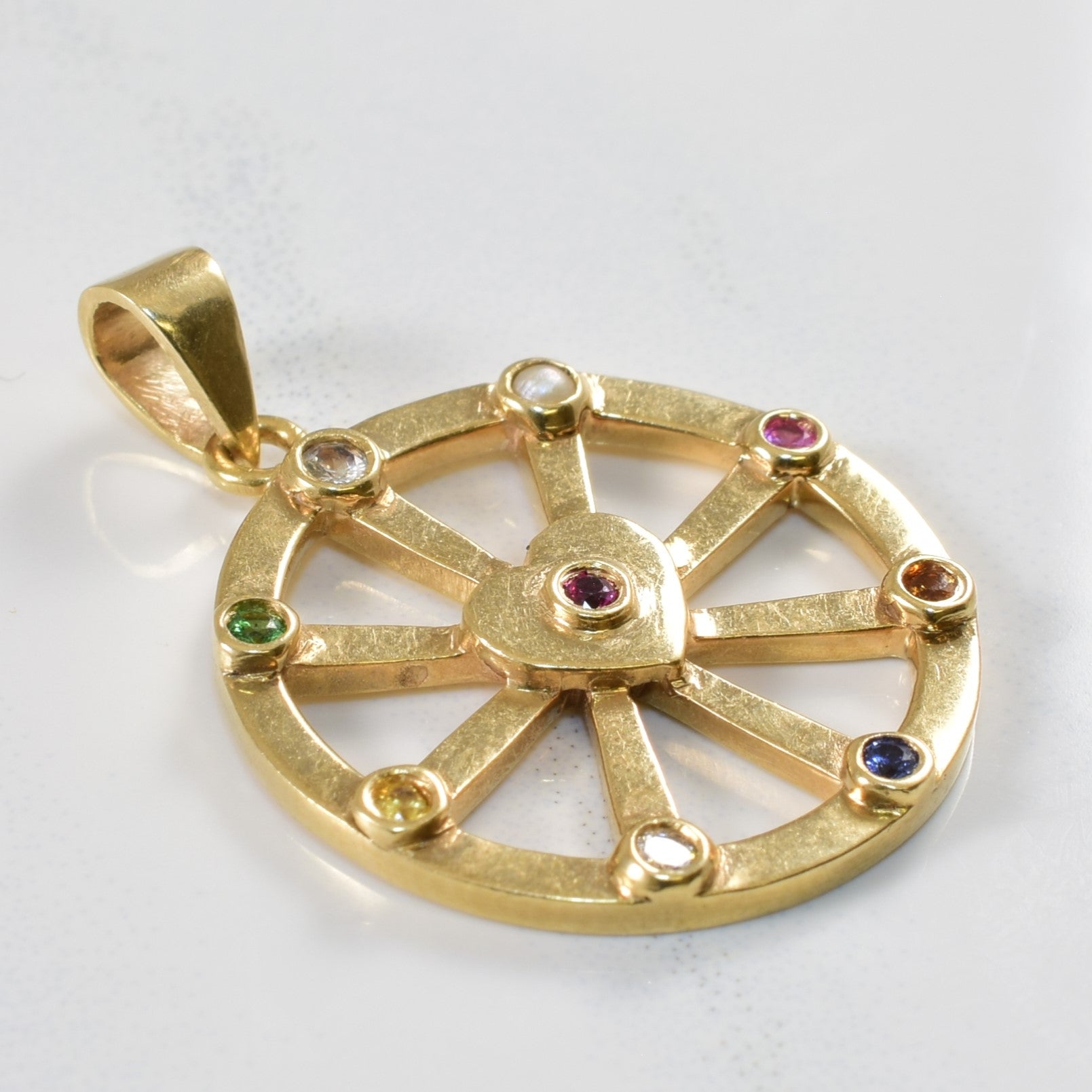 Diamond and Multi Gemstone Wheel with Heart 14k Pendant | 0.1 ctw |