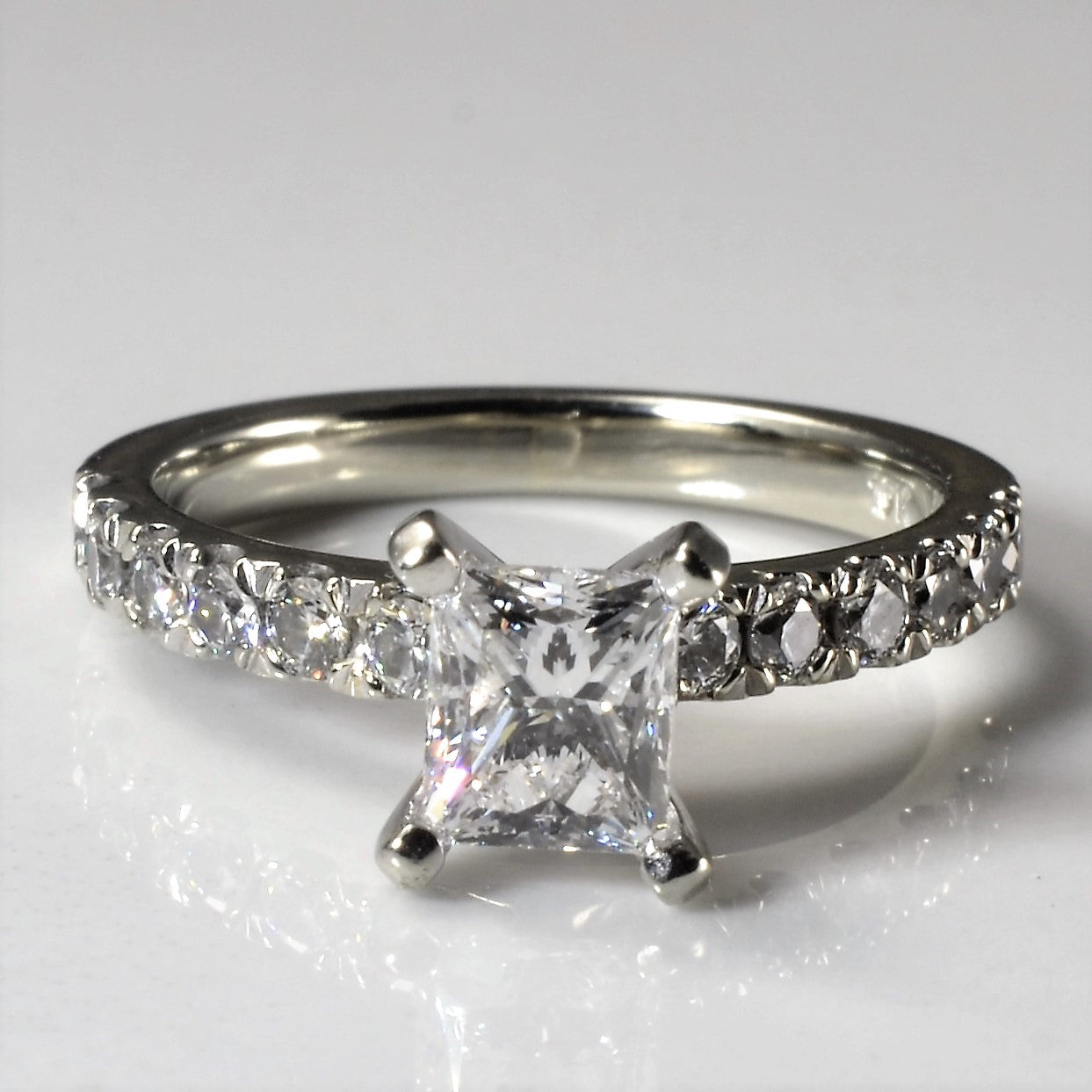 Pave Band Princess Diamond Engagement Ring | 1.36ctw | SZ 5.5 |