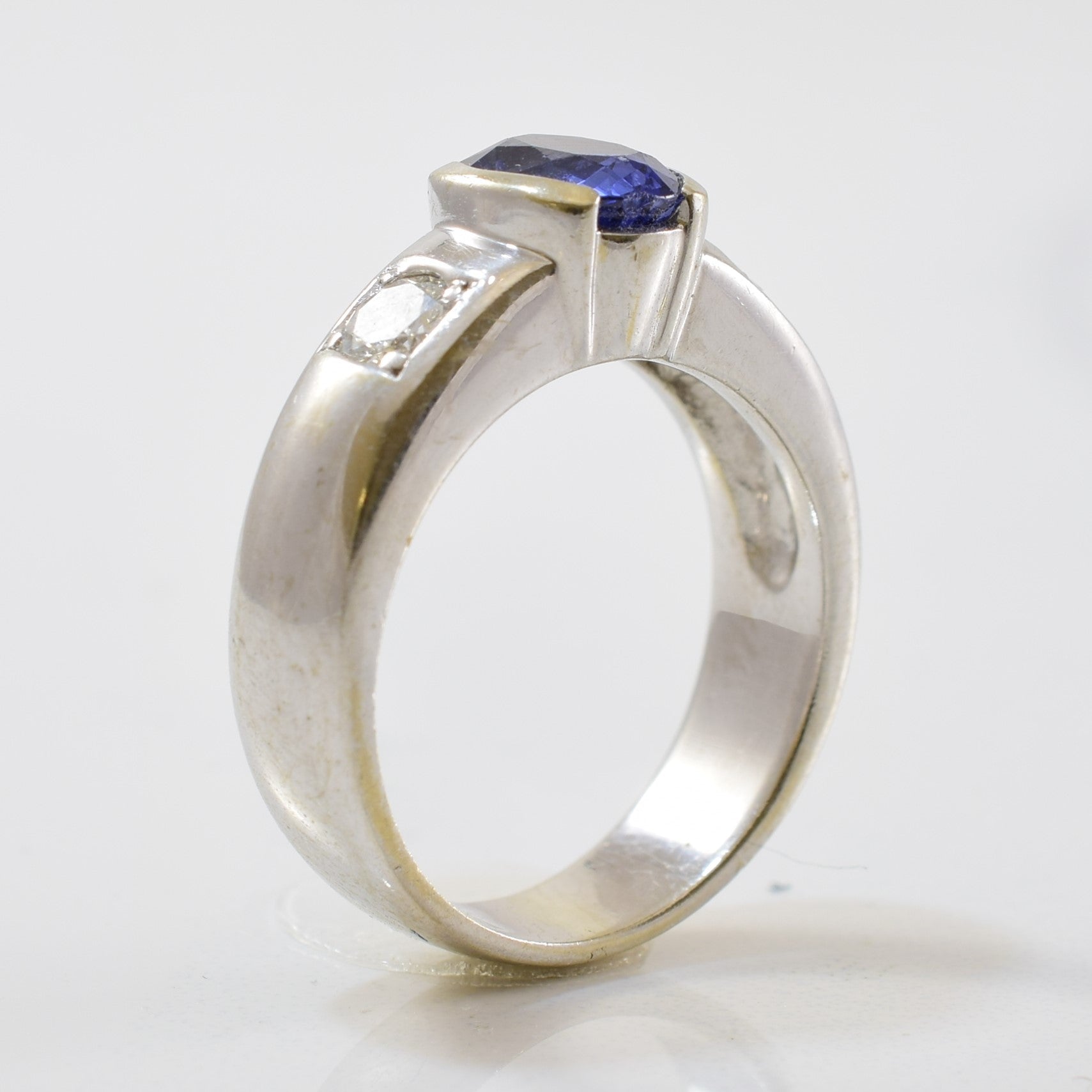 Half Bezel Blue Sapphire & Diamond Three Stone Ring | 1.50ct, 0.30ctw | SZ 6.25 |