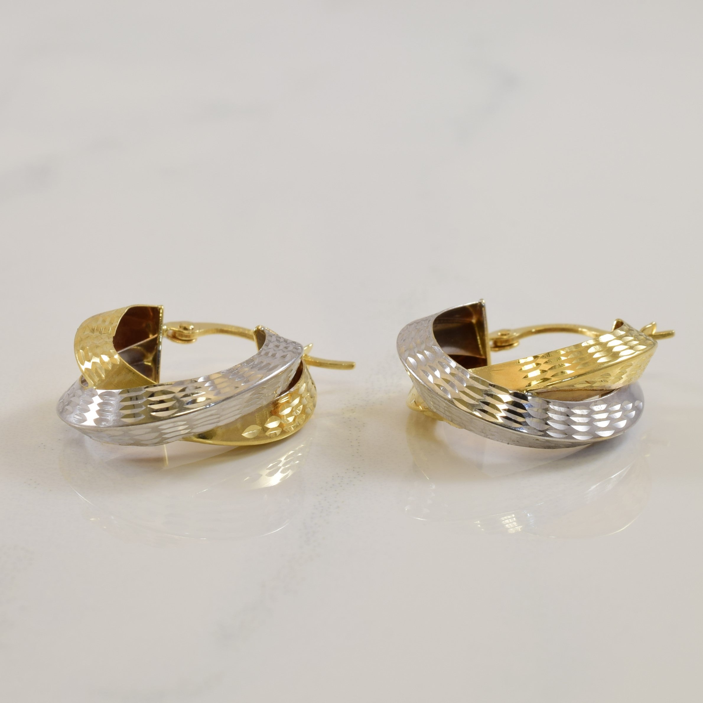 Textured Two Tone Gold Hoop Earrings |