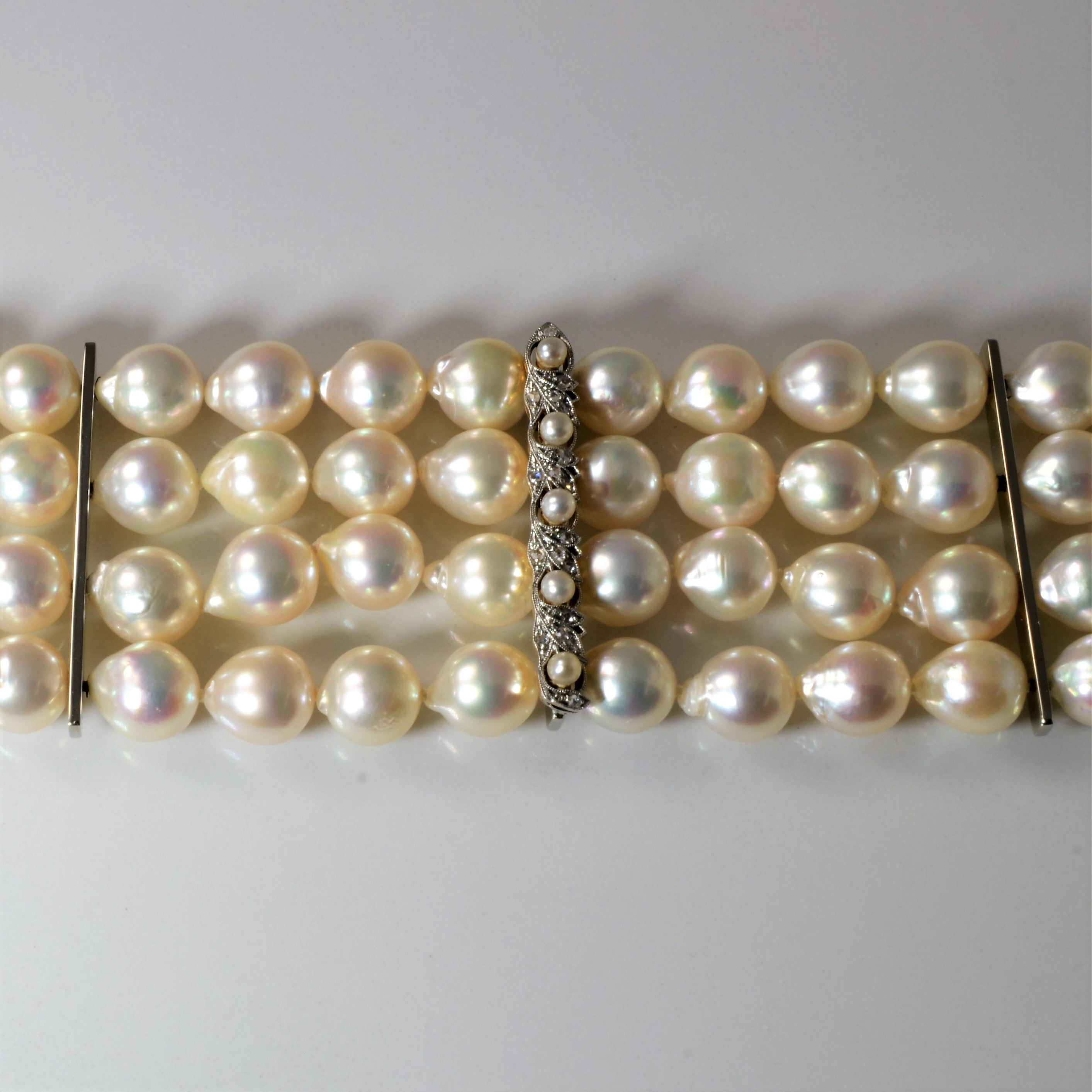 Multi Row Pearl & Diamond Chain 19k Bracelet | 0.10ctw | 7.5"|