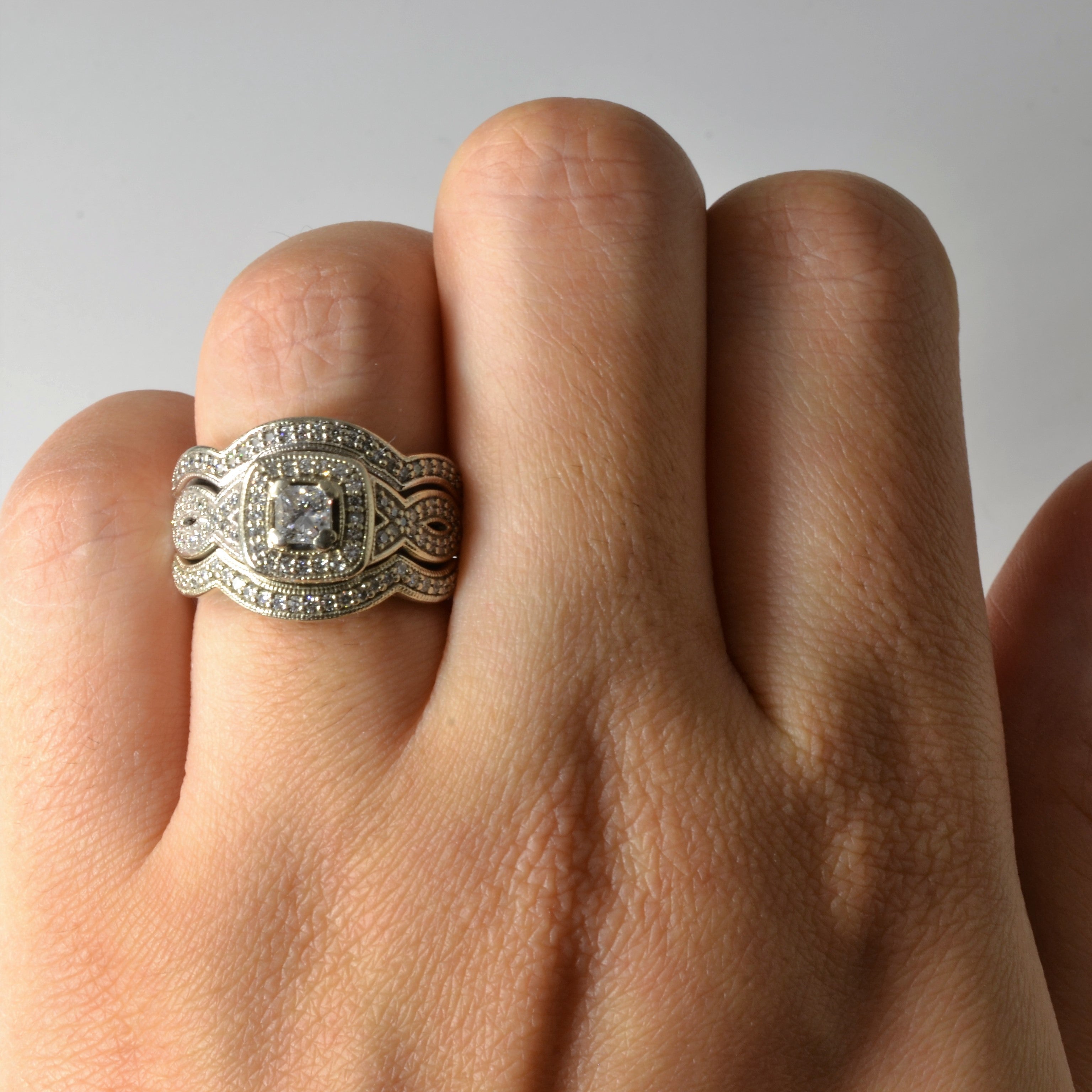 Soldered Three Band Halo Wedding Set | 0.85ctw | SZ 5.5 |