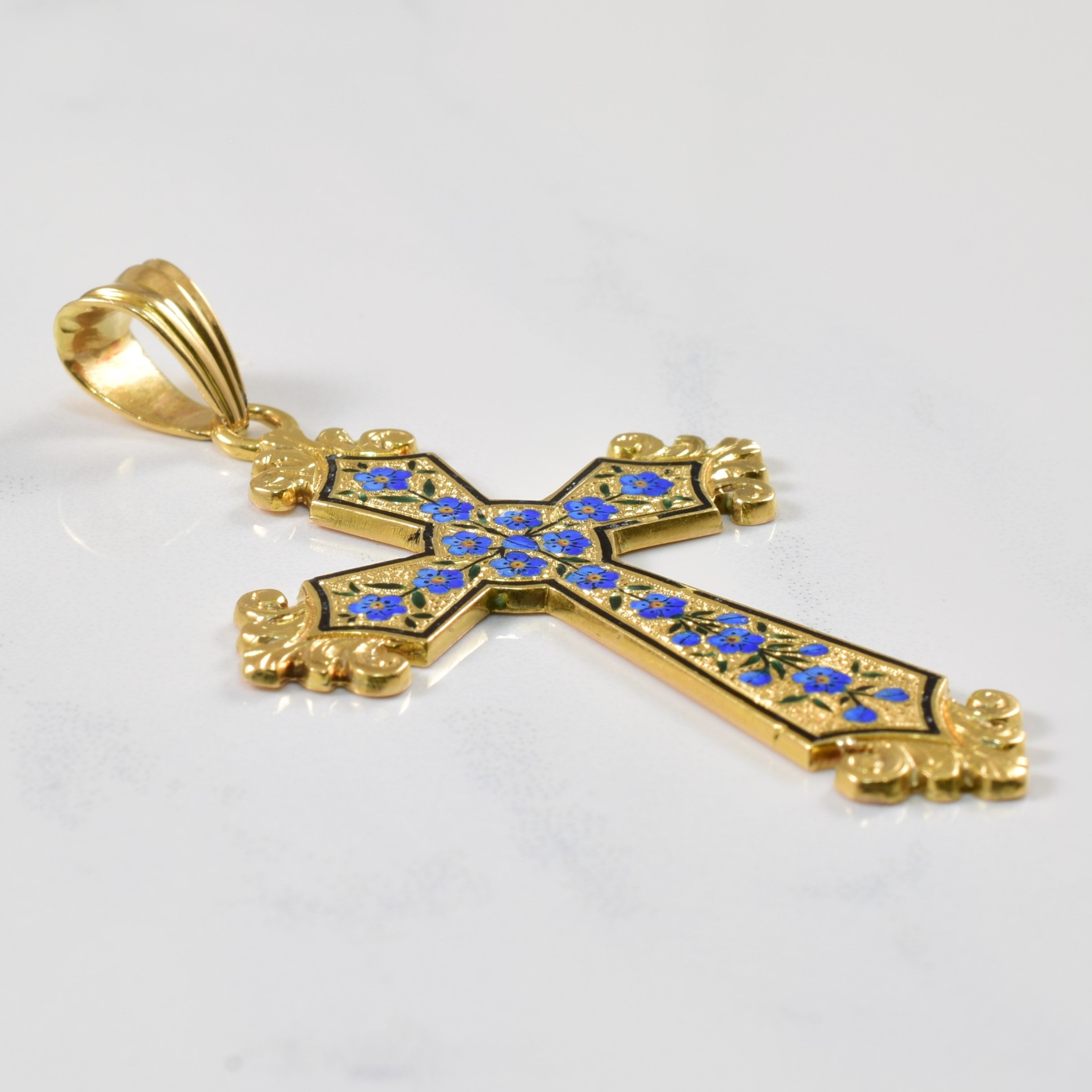 1930s Enamelled Forget Me Not Cross Pendant |