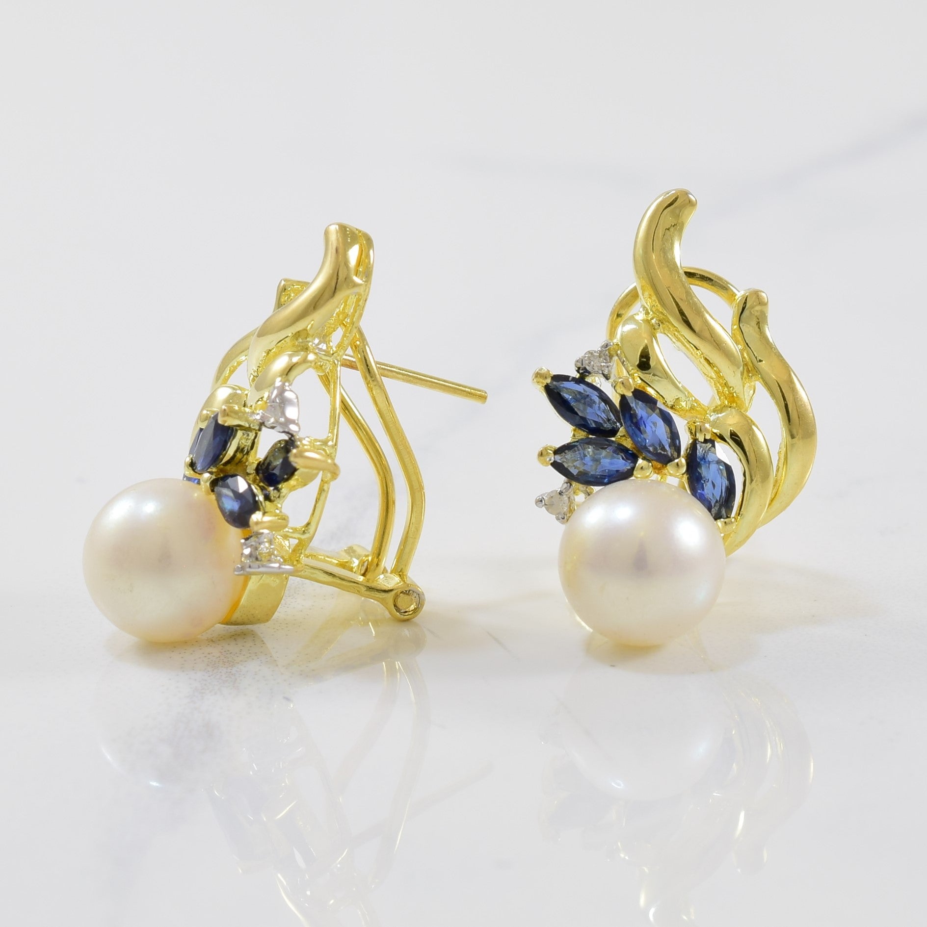 Marquise Sapphire & Pearl Earrings | 0.02ctw, 7.50ctw, 0.80ctw |