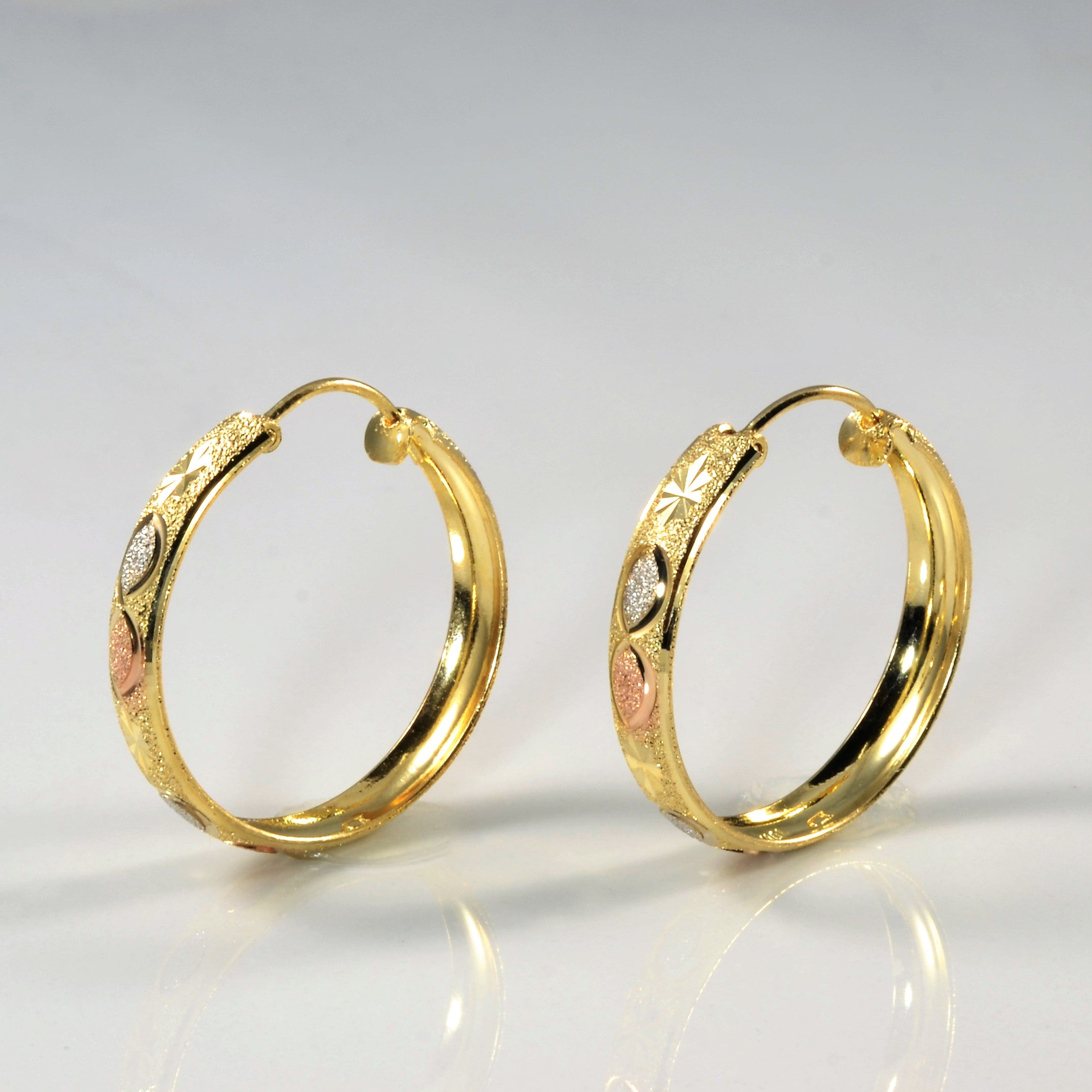 Tri Tone Gold Textured Hoop Earrings |
