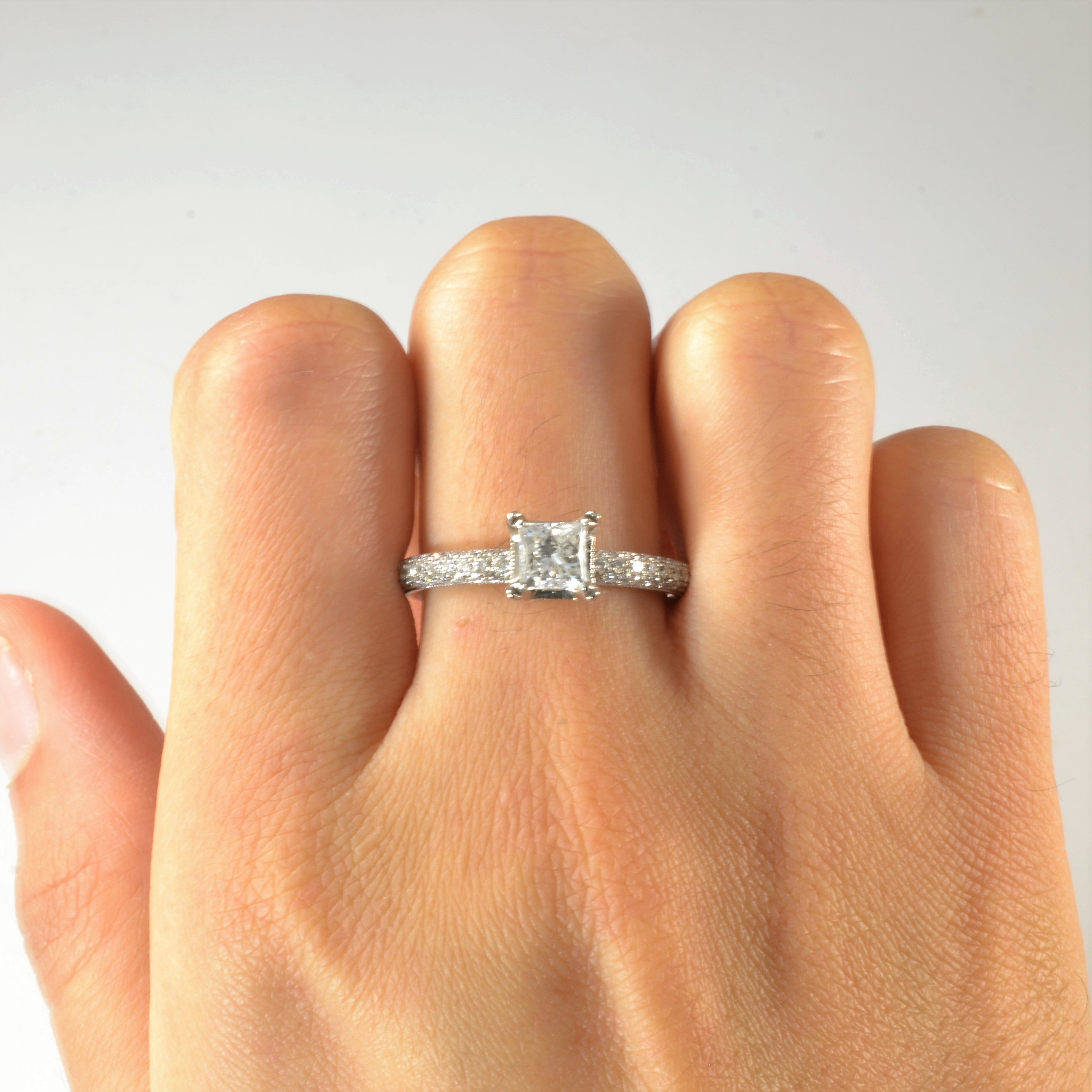 Pave Band Princess Diamond Engagement Ring | 1.36ctw | SZ 9.25 |