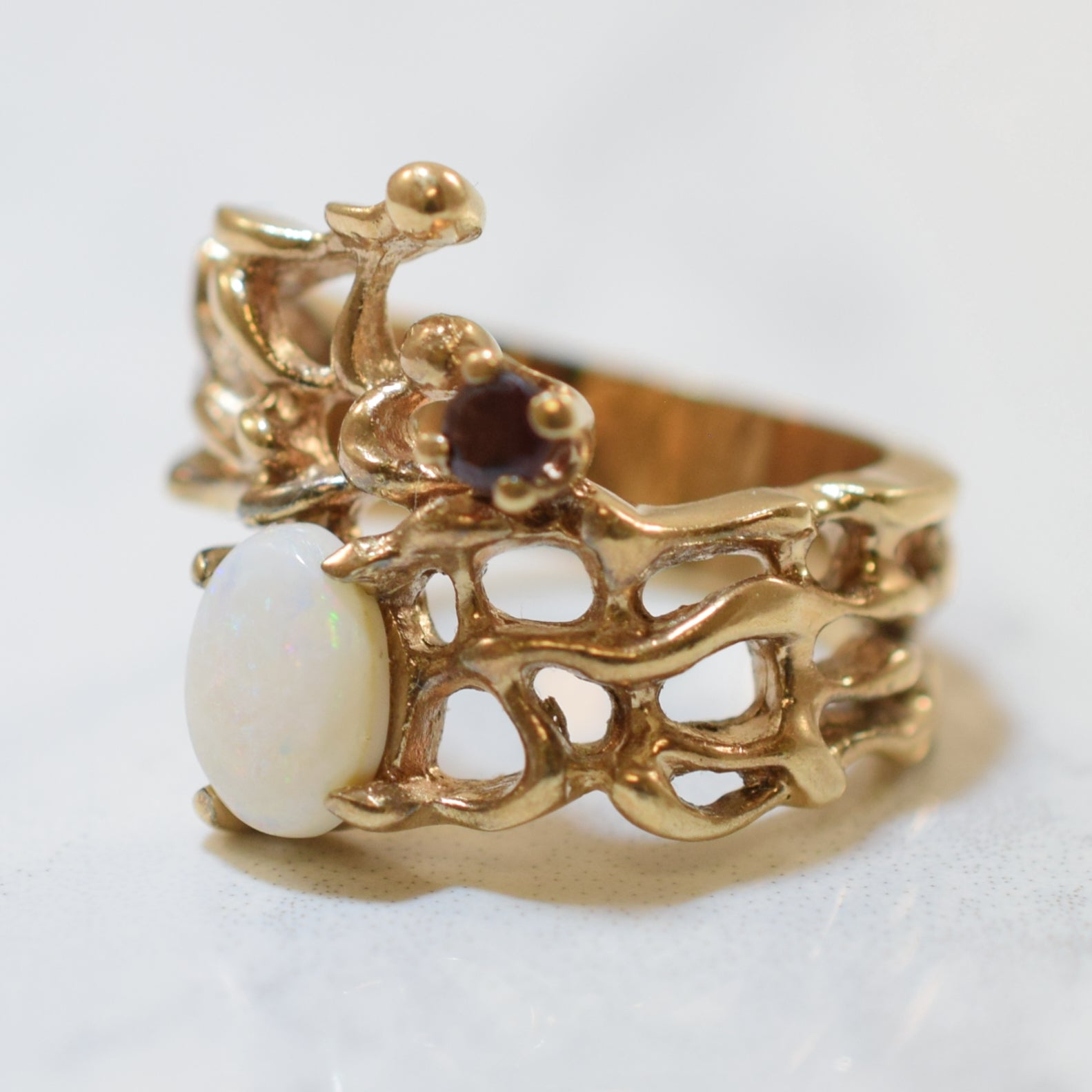 Opal & Garnet Open Work Bypass Ring | 0.60ct, 0.12ct | SZ 6 |