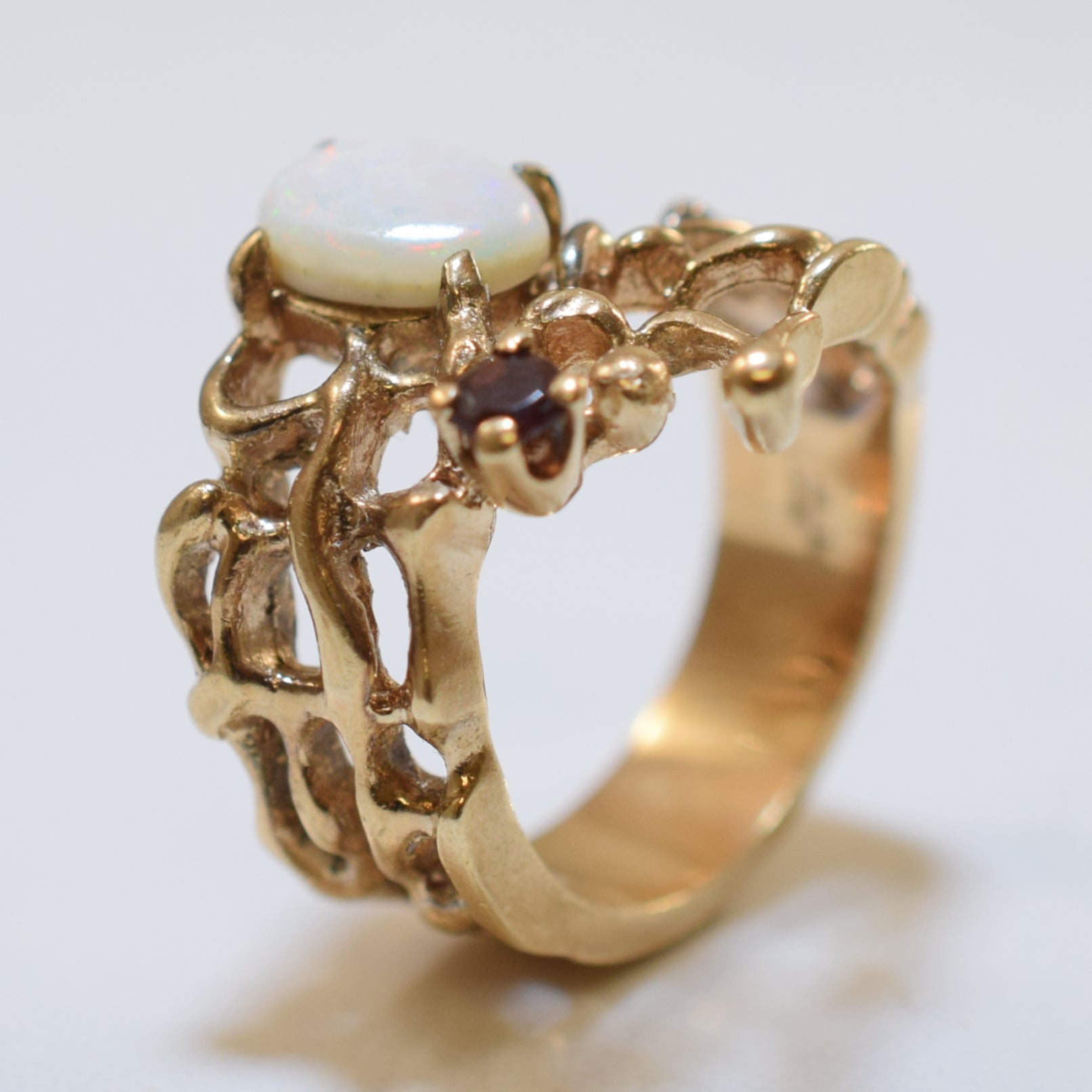 Opal & Garnet Open Work Bypass Ring | 0.60ct, 0.12ct | SZ 6 |