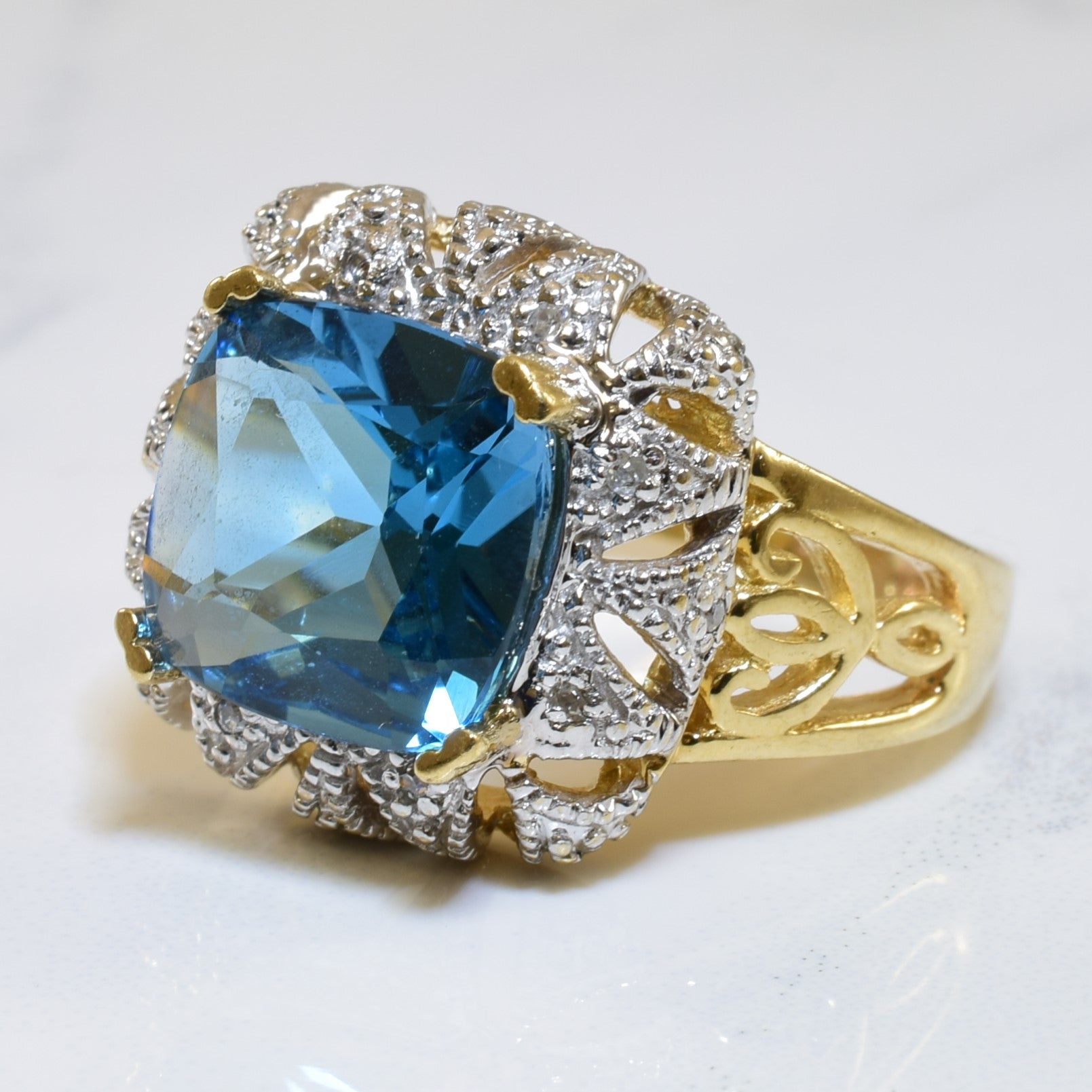 London Blue Topaz & Diamond Filigree Ring | 5.00ct, 0.06ctw | SZ 6.5 |