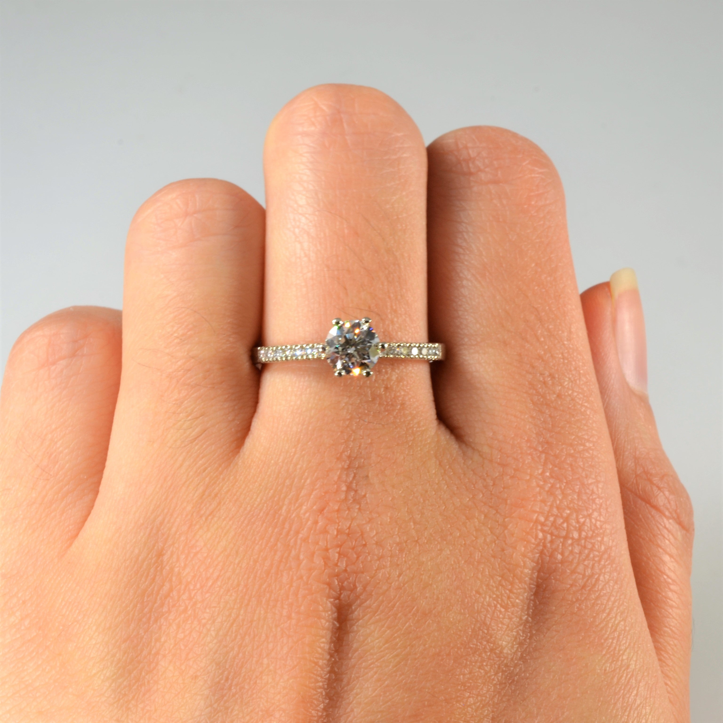 Six Prong Pave Band Engagement Ring | 0.85ctw | SZ 8 |