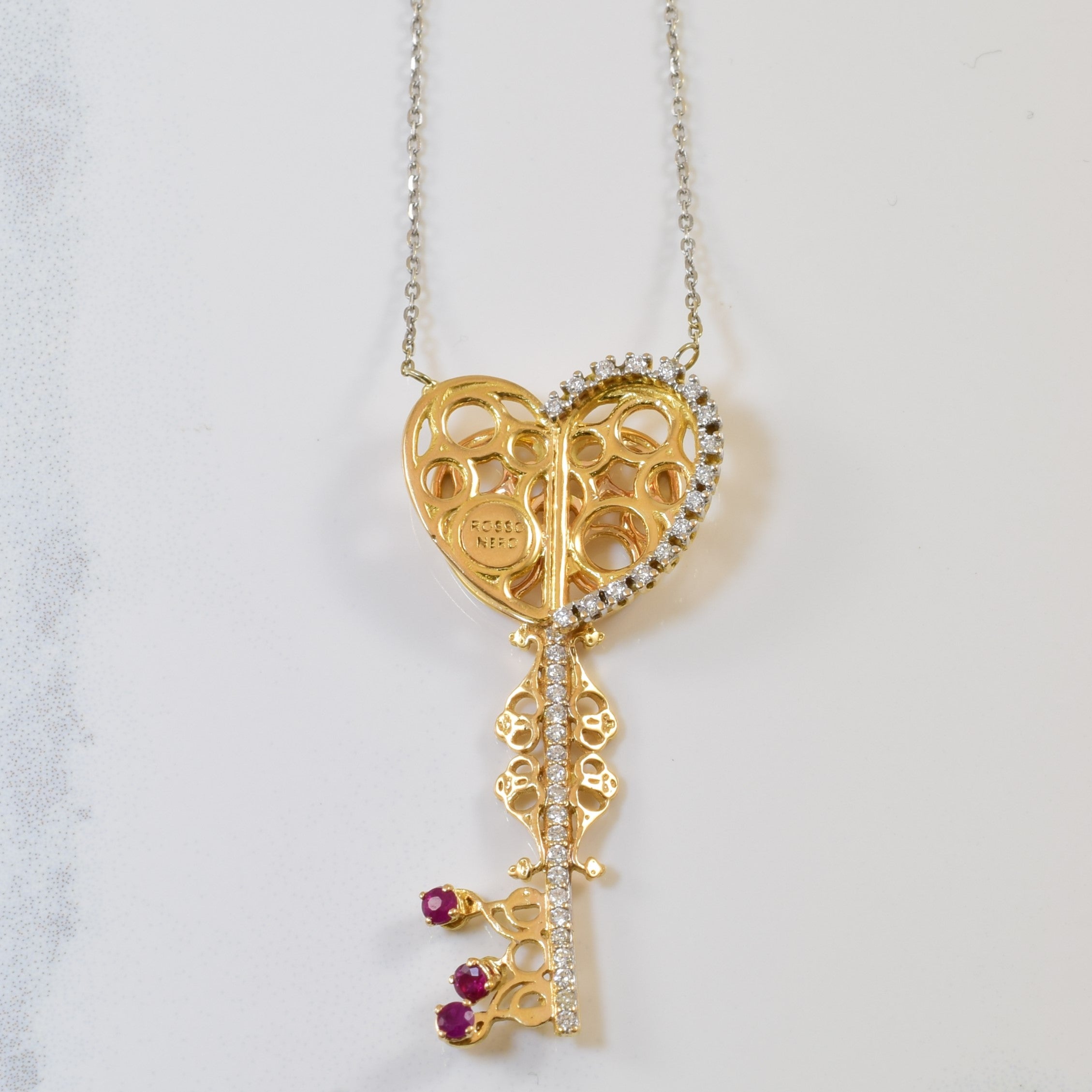 ROSSONERO' Diamond & Ruby Key Necklace | 0.18ctw, 0.12ctw |