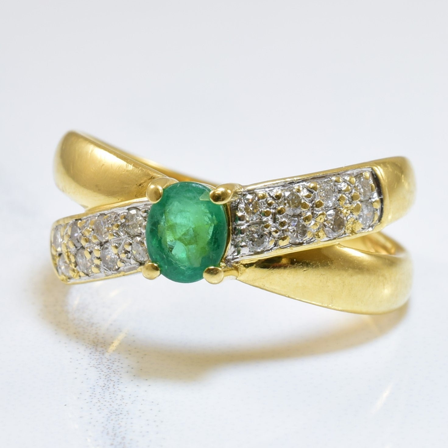 Emerald & Diamond Criss Cross Ring | 0.30ct, 0.16ctw | SZ 6.5 |