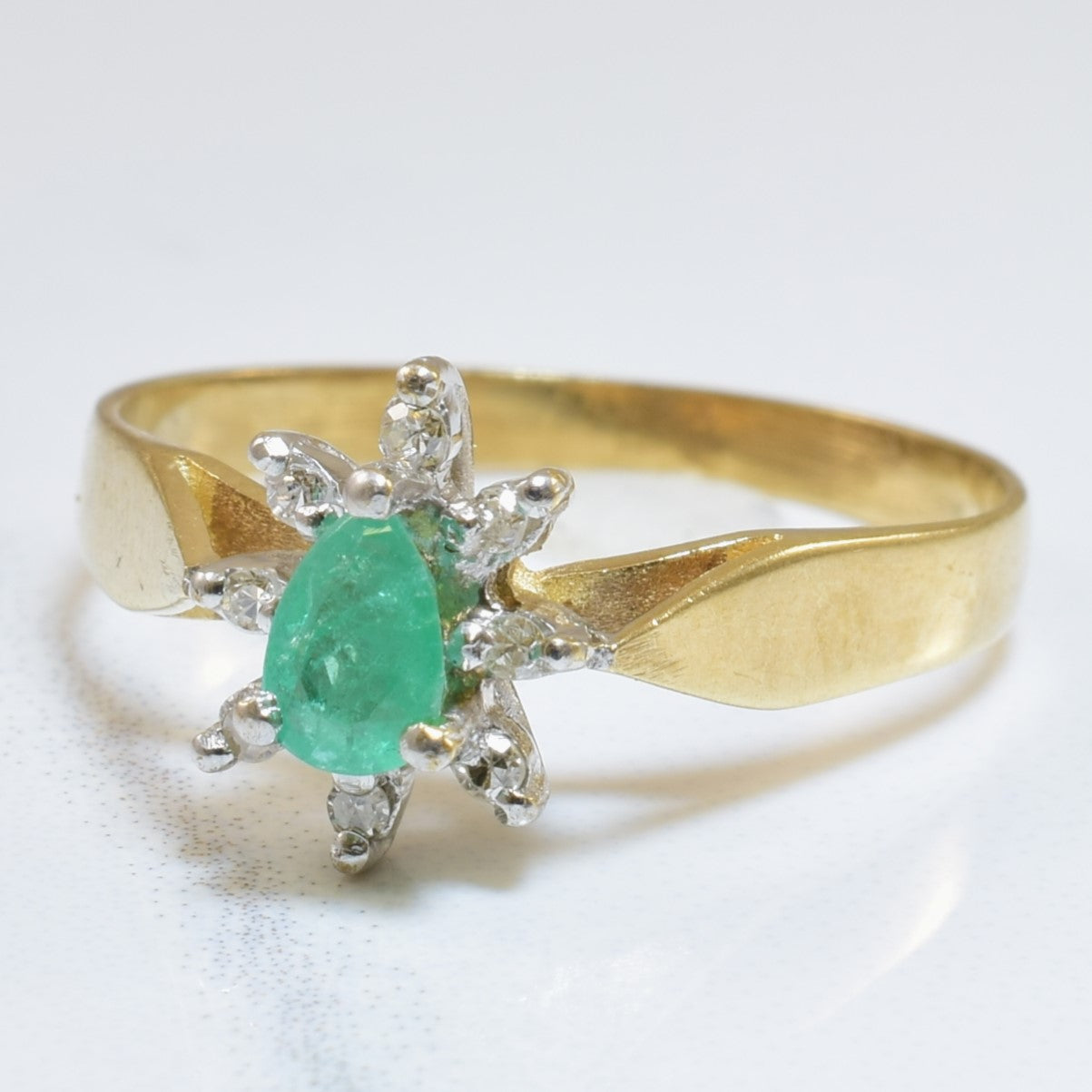 Pear Cut Emerald & Diamond Halo Ring | 0.17ct, 0.06ctw | SZ 6.5 |