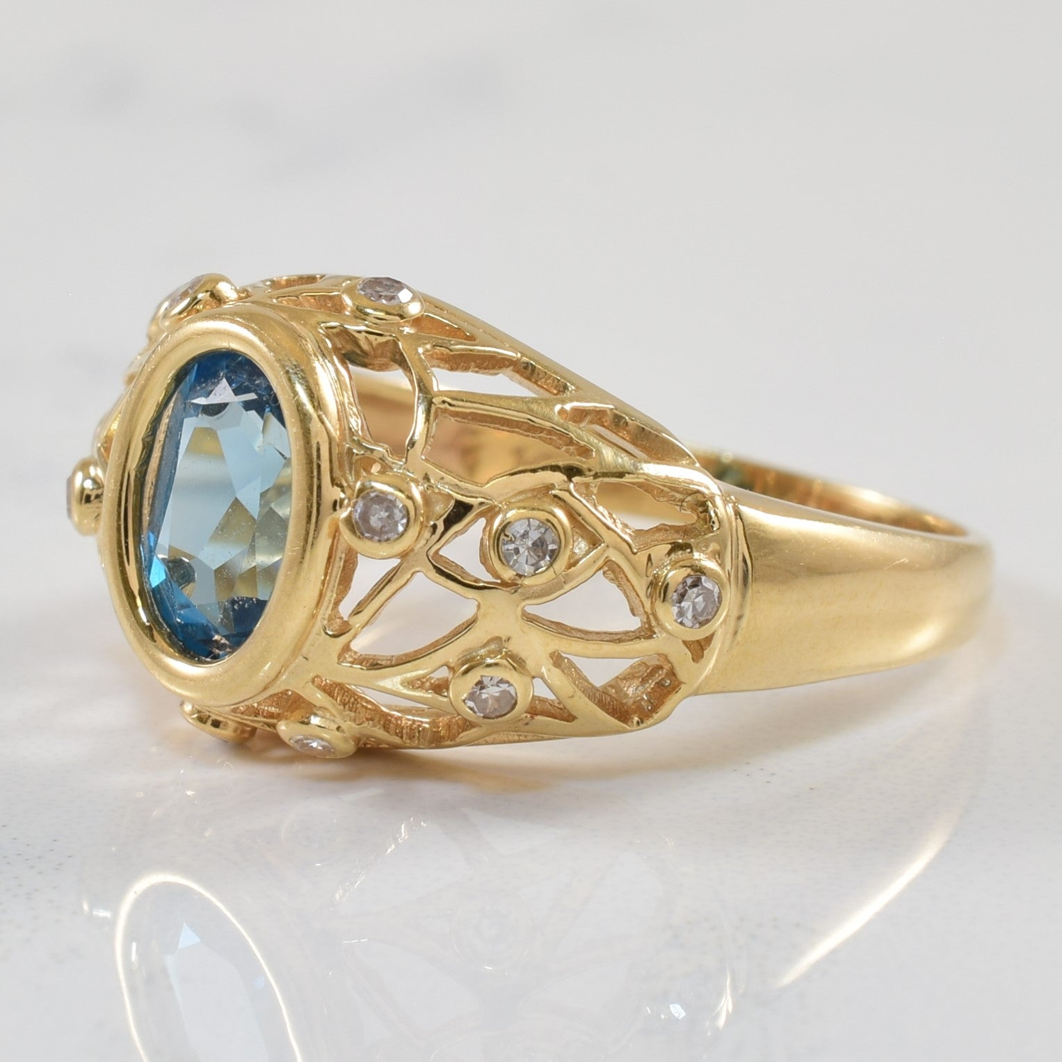 Blue Topaz & Diamond Lattice Ring | 1.50ct, 0.11ctw | SZ 7.75 |