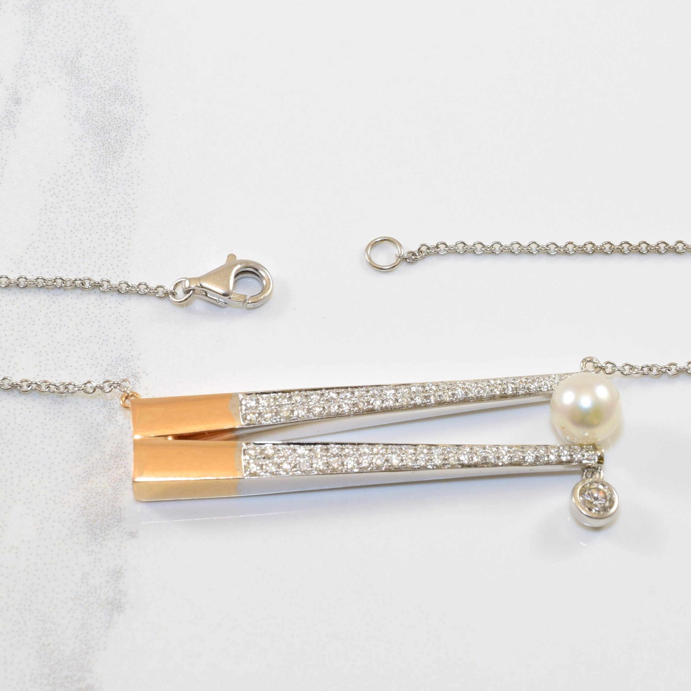 Unique Pearl & Diamond Offset Necklace | 1.60ct, 0.65ctw | 18" |