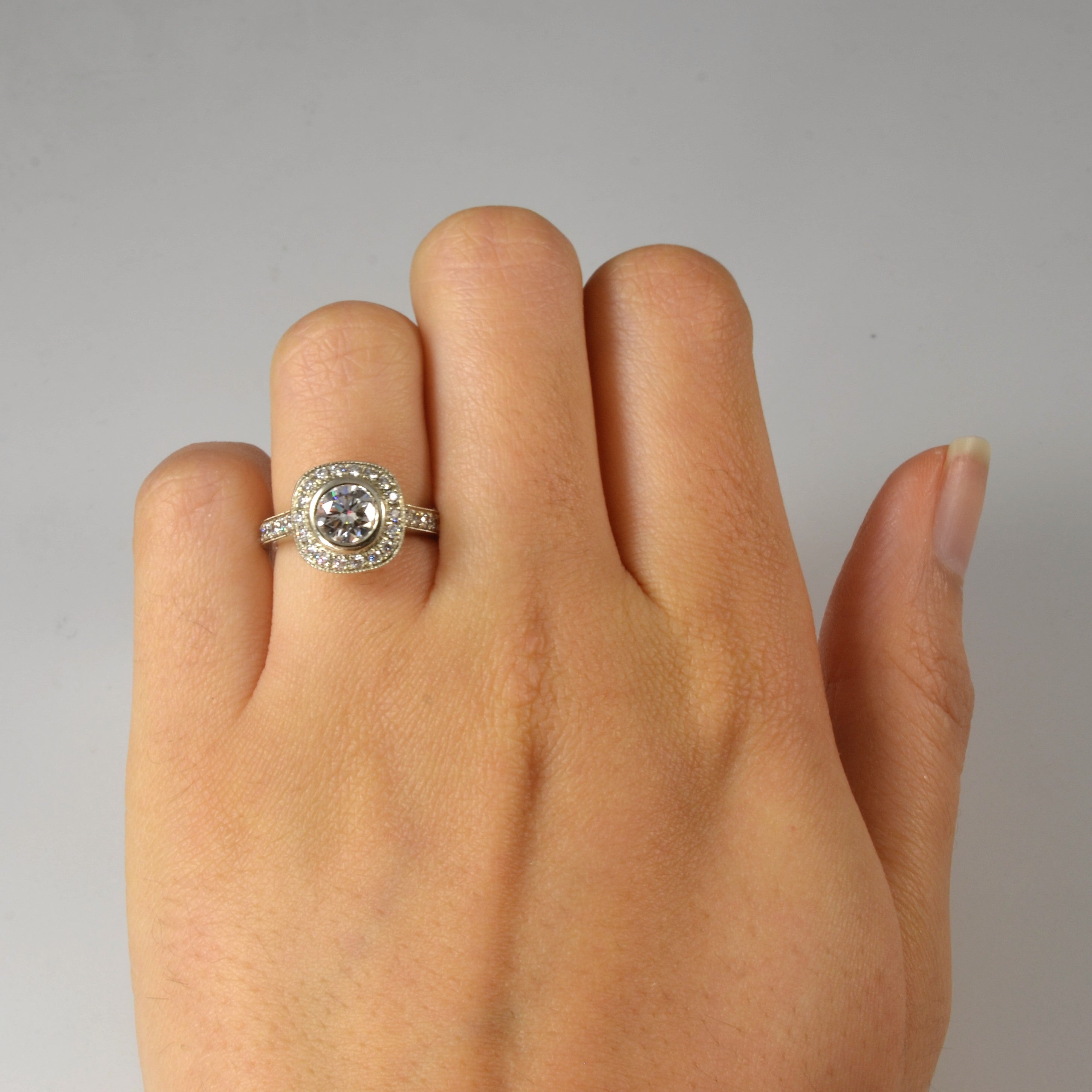 Bezel Set Halo Canadian Diamond Engagement Ring | 1.36ctw | SZ 4.25 |