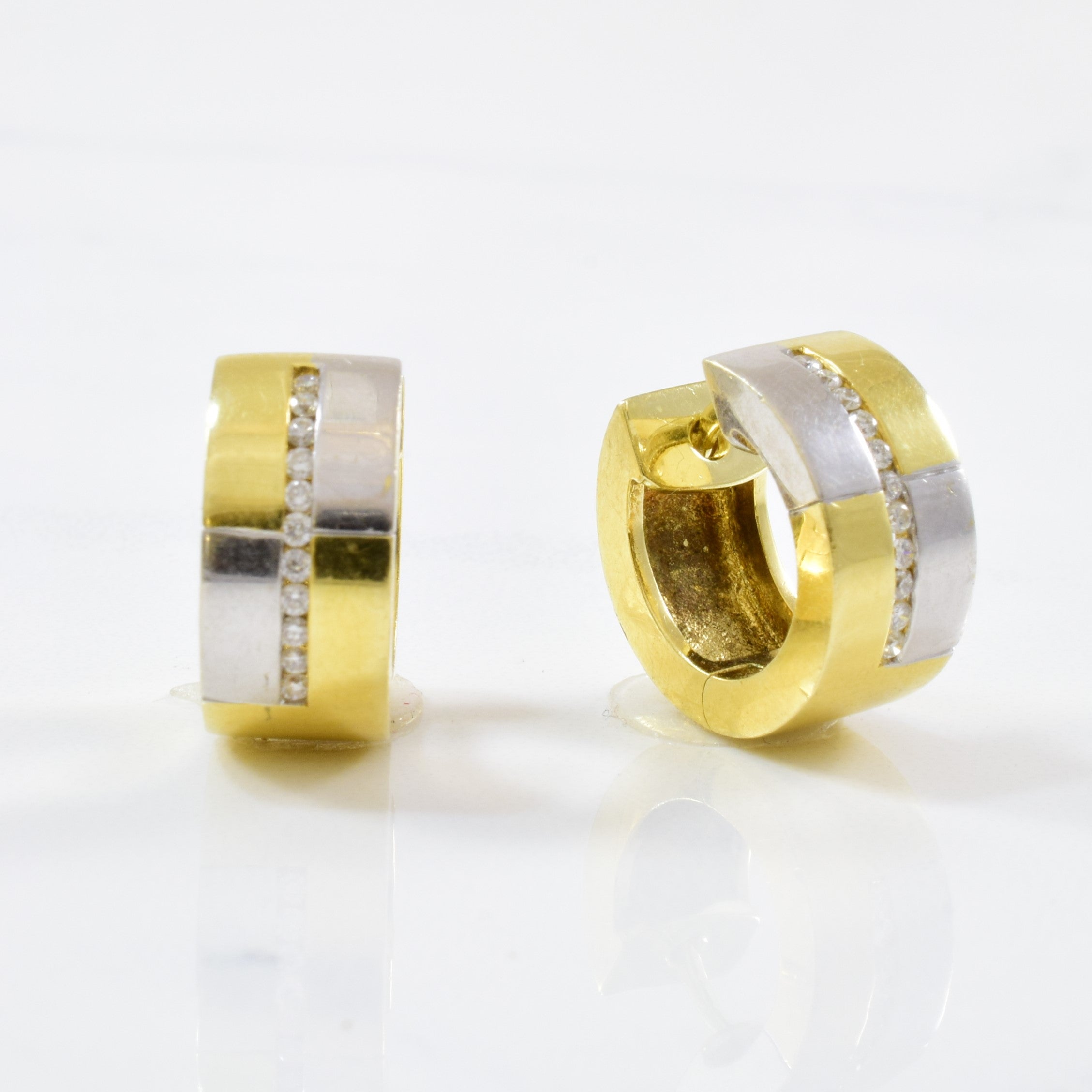 Small Diamond Two Tone Huggie Hoop Earrings | 0.15ctw |