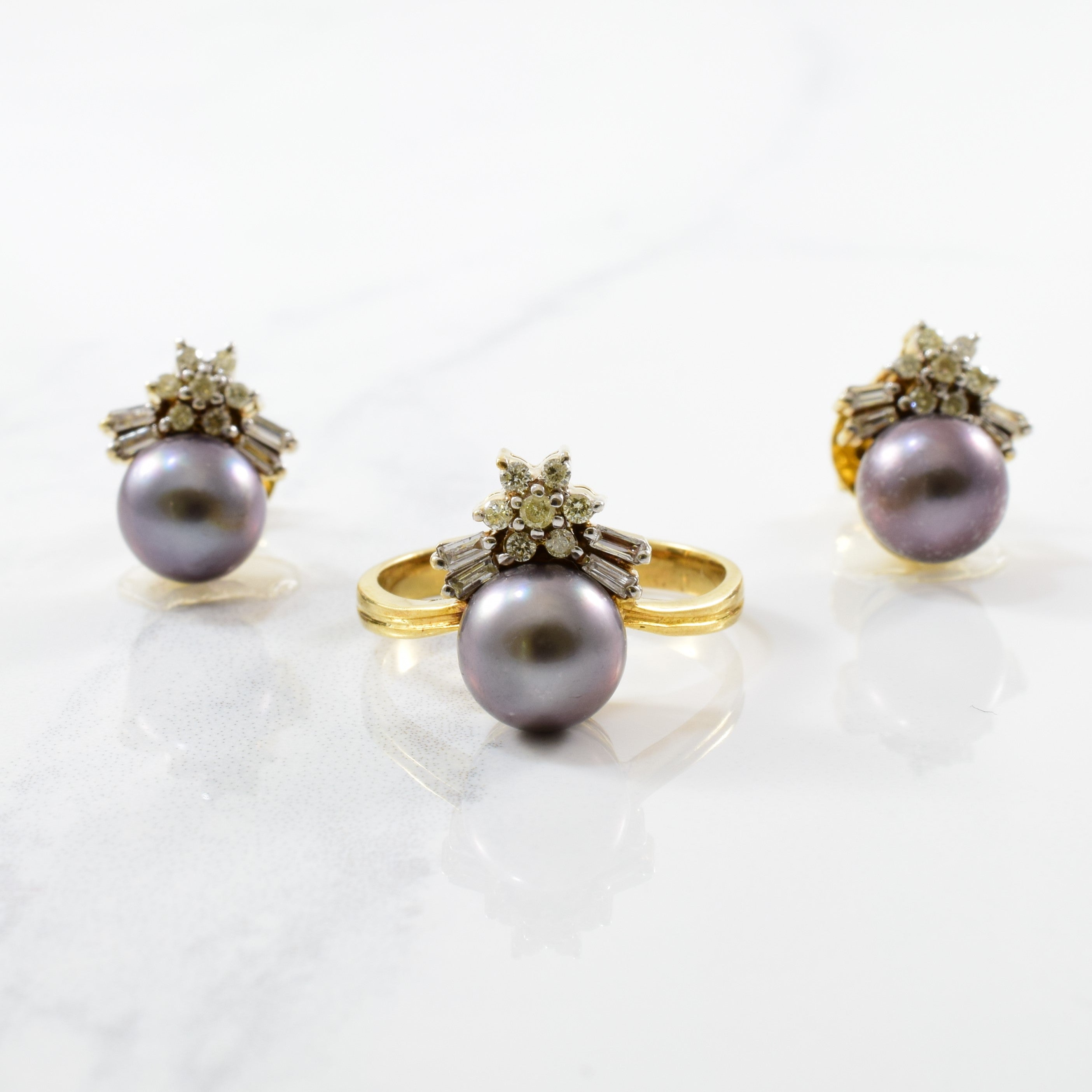Tahitian Pearl Ring & Earring Stud Set | 0.45ctw, 7.50ctw | SZ 6.75 |