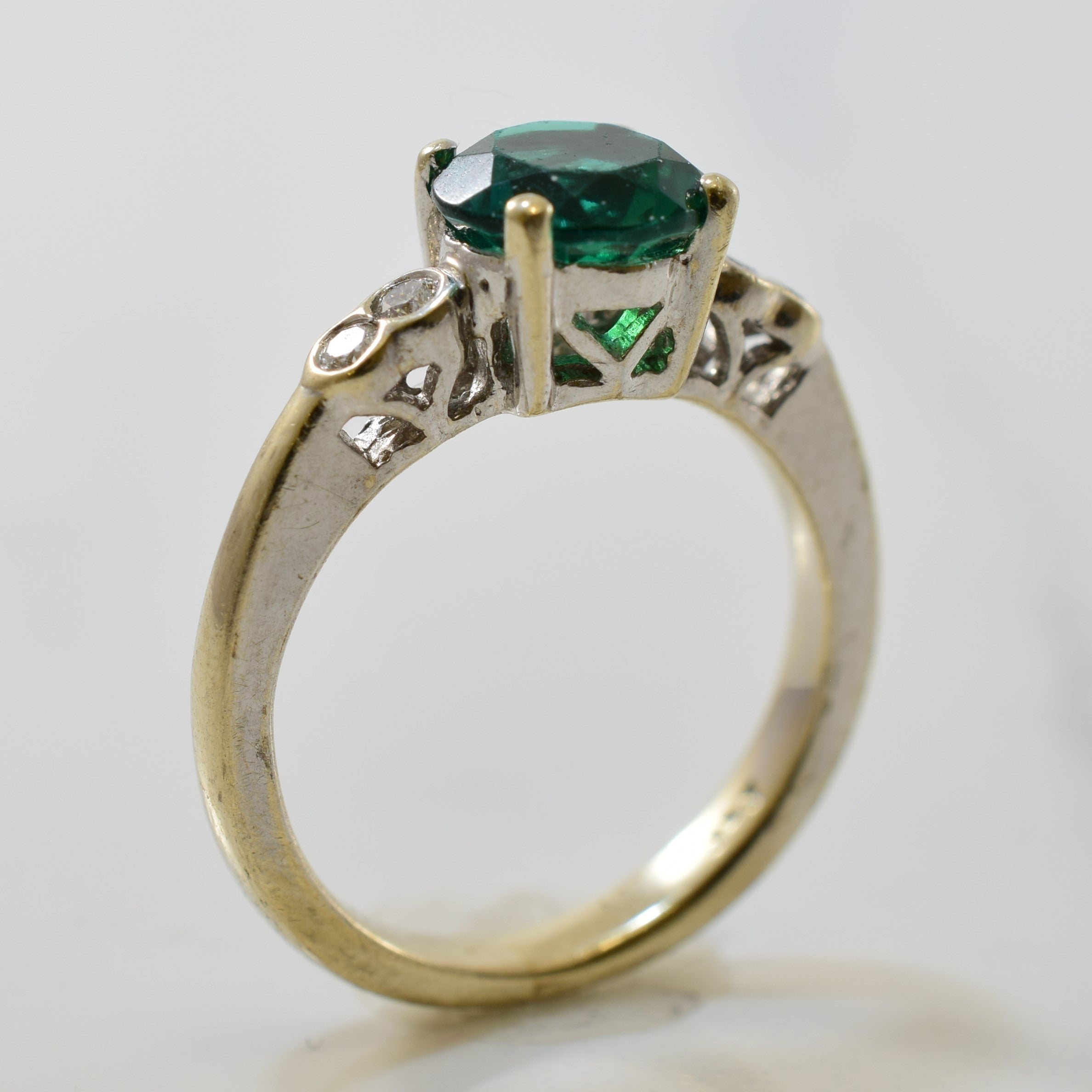 Synthetic Emerald & Diamond Five Stone Ring | 0.08 ctw, 1.05 ct | SZ 4 |