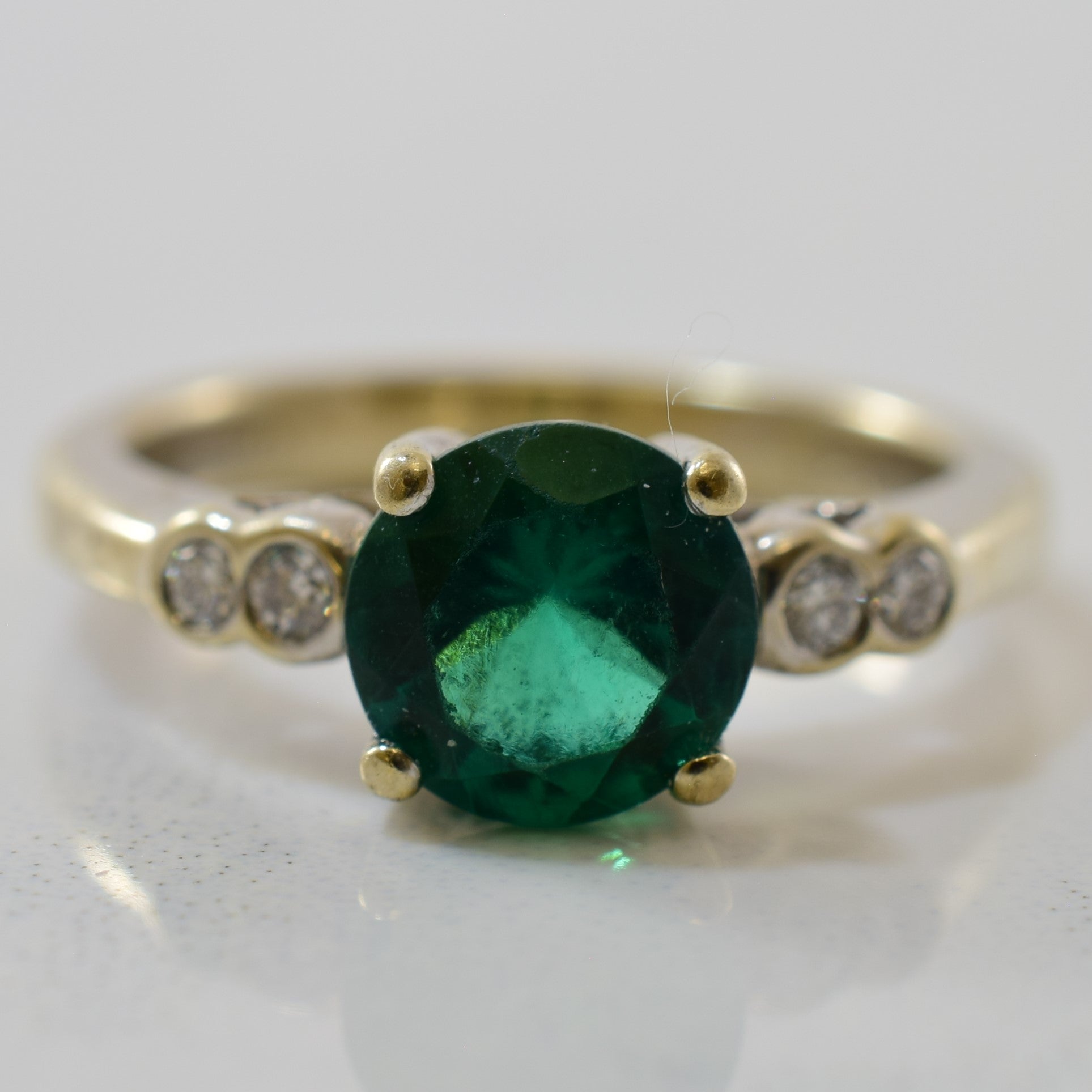 Synthetic Emerald & Diamond Five Stone Ring | 0.08 ctw, 1.05 ct | SZ 4 |