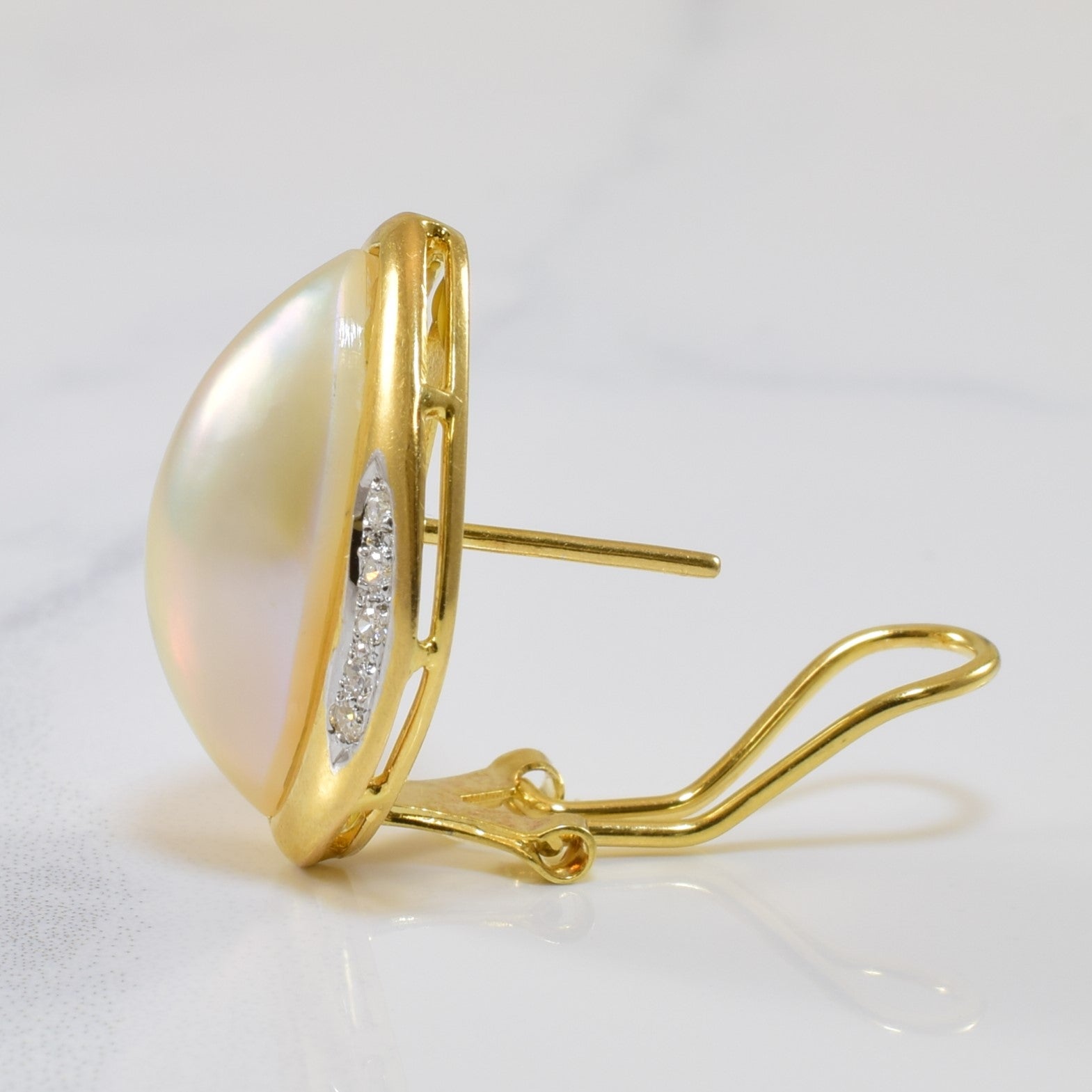 Marquise Shaped Mabe Pearl & Diamond Earrings | 18.00ctw, 0.16ctw |