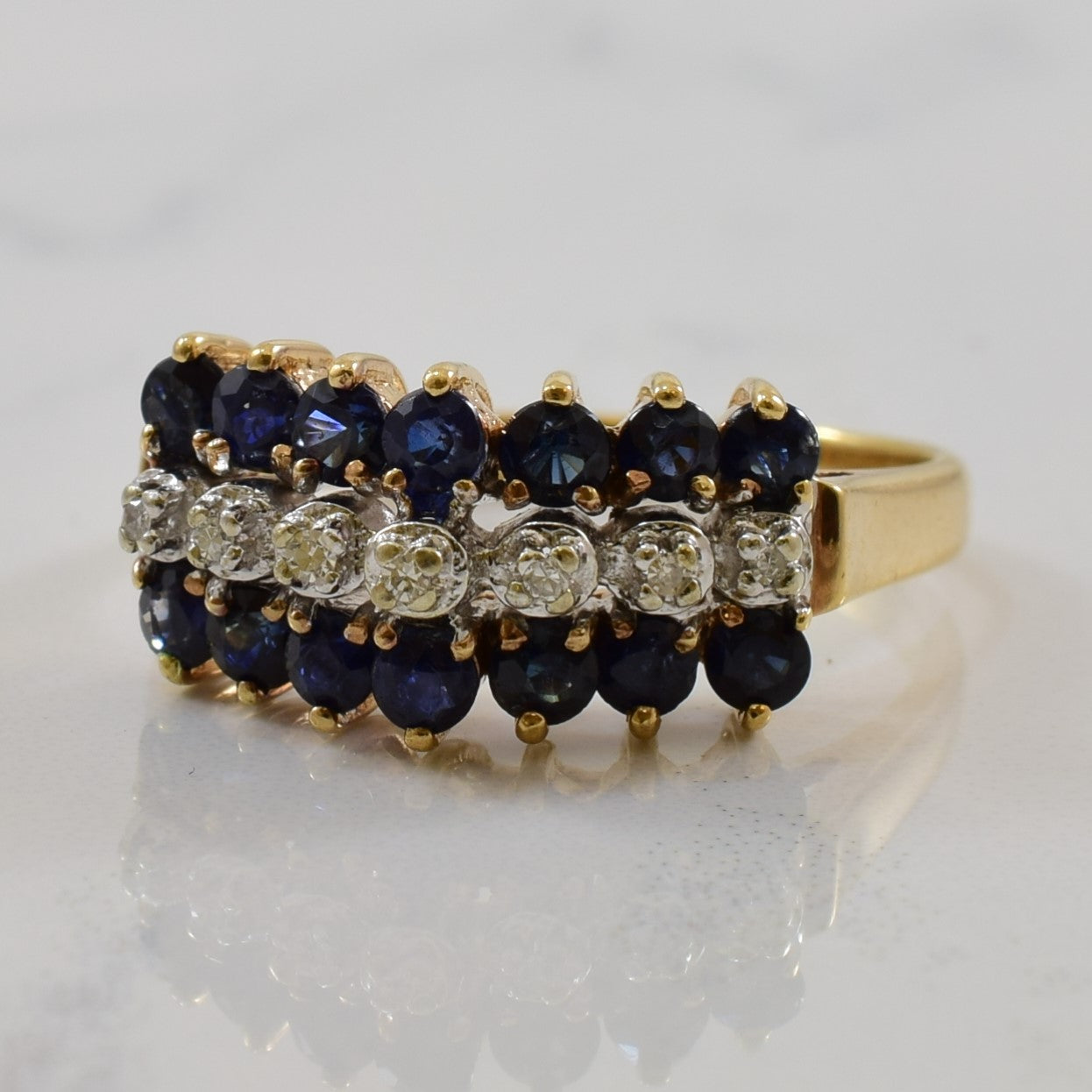 Blue Sapphire & Diamond Three Row Ring | 1.00ctw, 0.03ctw | SZ 6.75 |