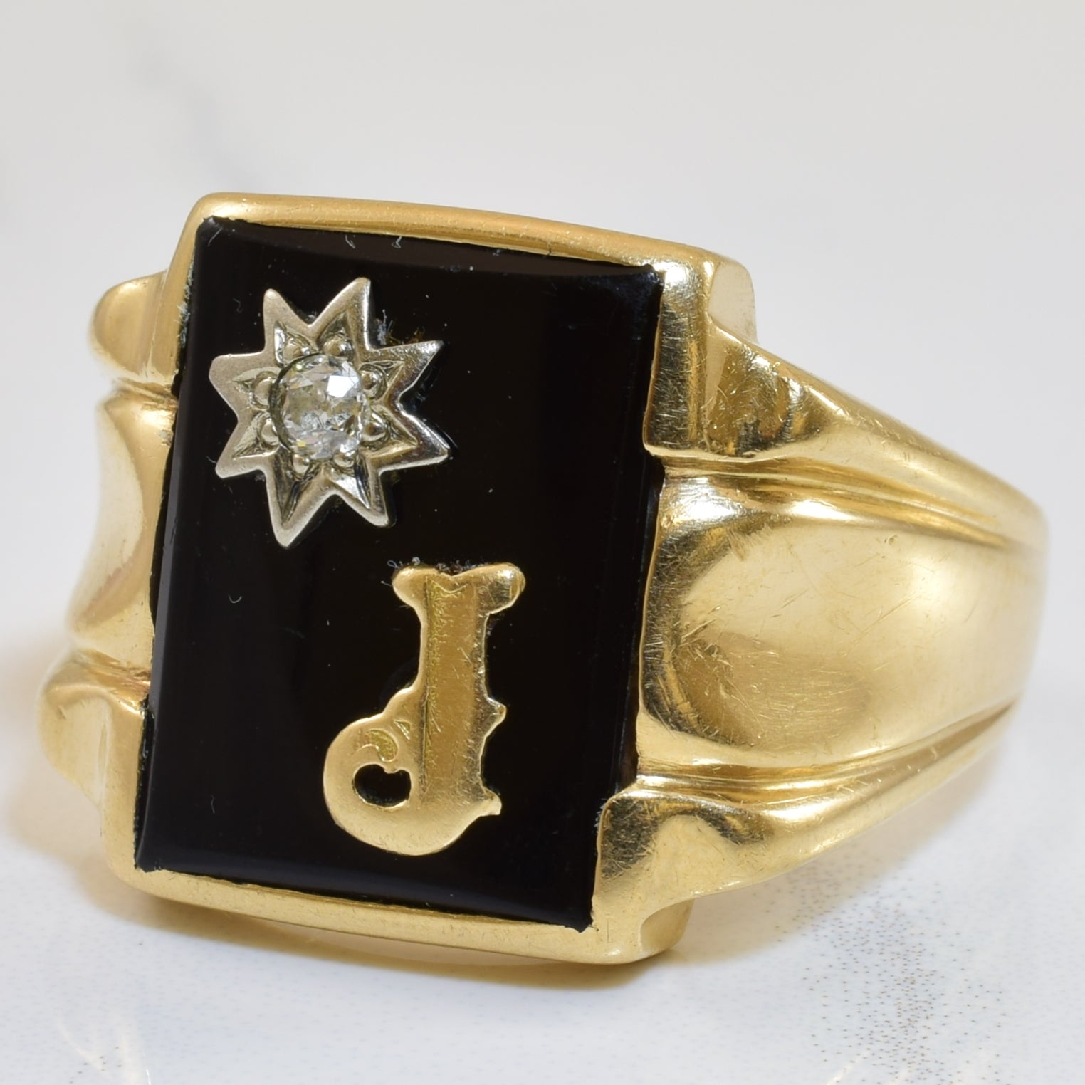 Black Onyx & Diamond Initial 'J' Ring | 7.00ct, 0.05ct | SZ 11.75 |