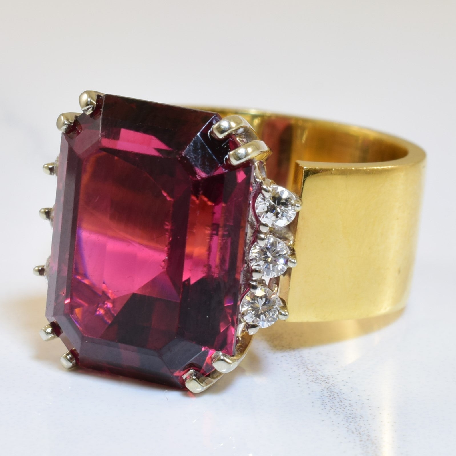 Emerald Cut Pink Tourmaline & Diamond Ring | 15.00ct, 0.30ctw | SZ 6.5 |