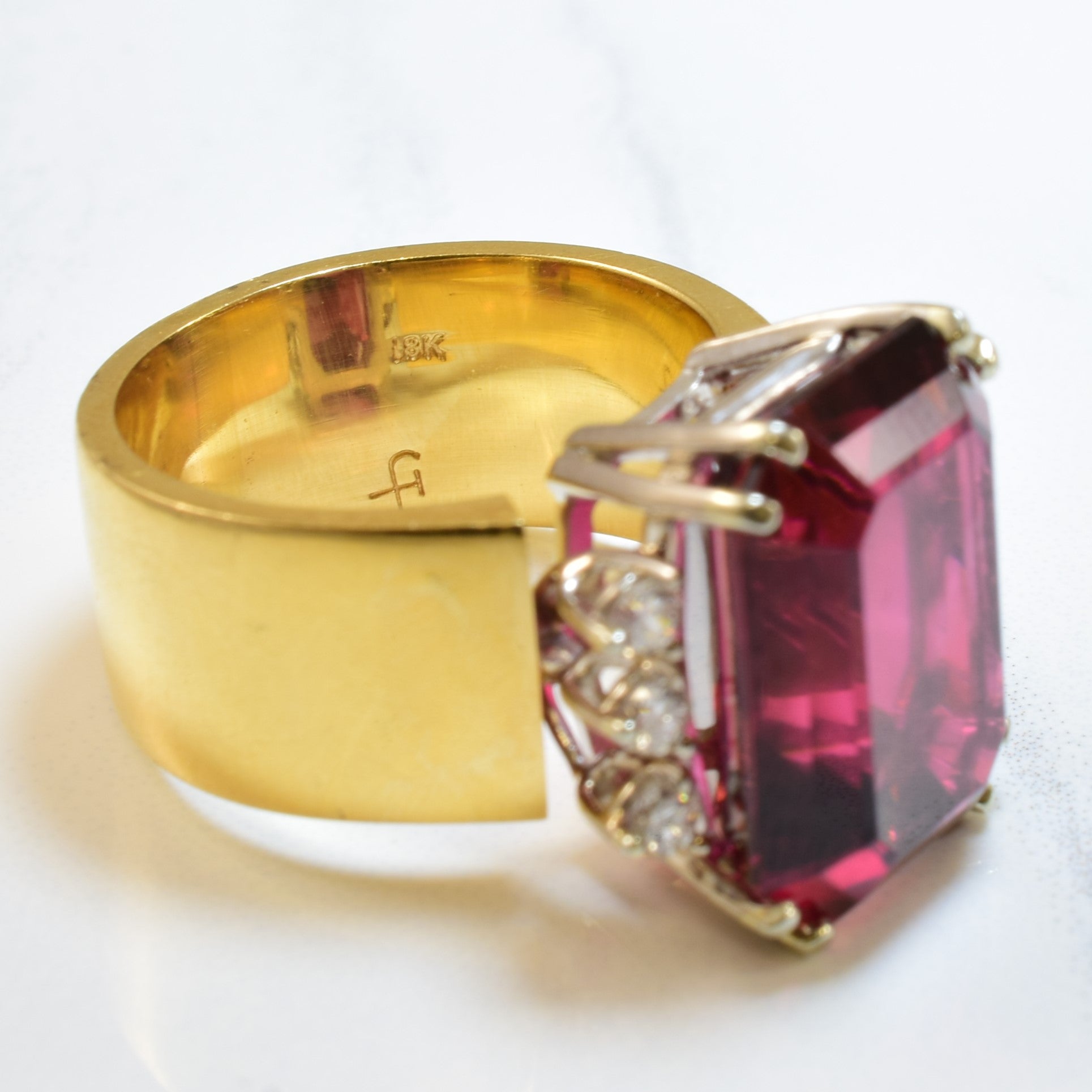Emerald Cut Pink Tourmaline & Diamond Ring | 15.00ct, 0.30ctw | SZ 6.5 |