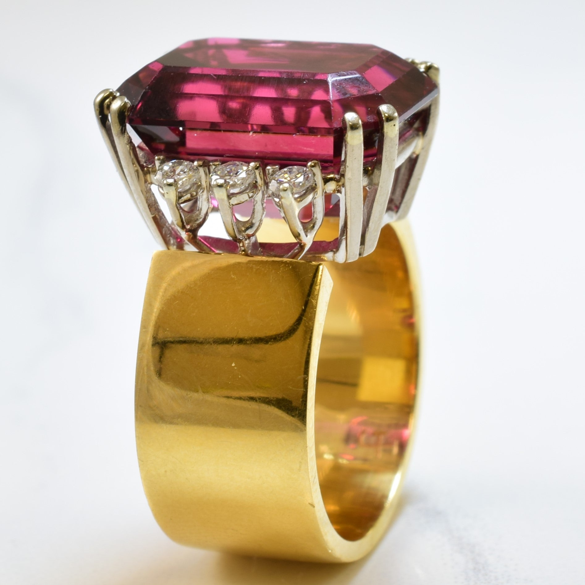 Emerald Cut Pink Tourmaline & Diamond Ring | 15.00ct, 0.30ctw | SZ 6.5 |