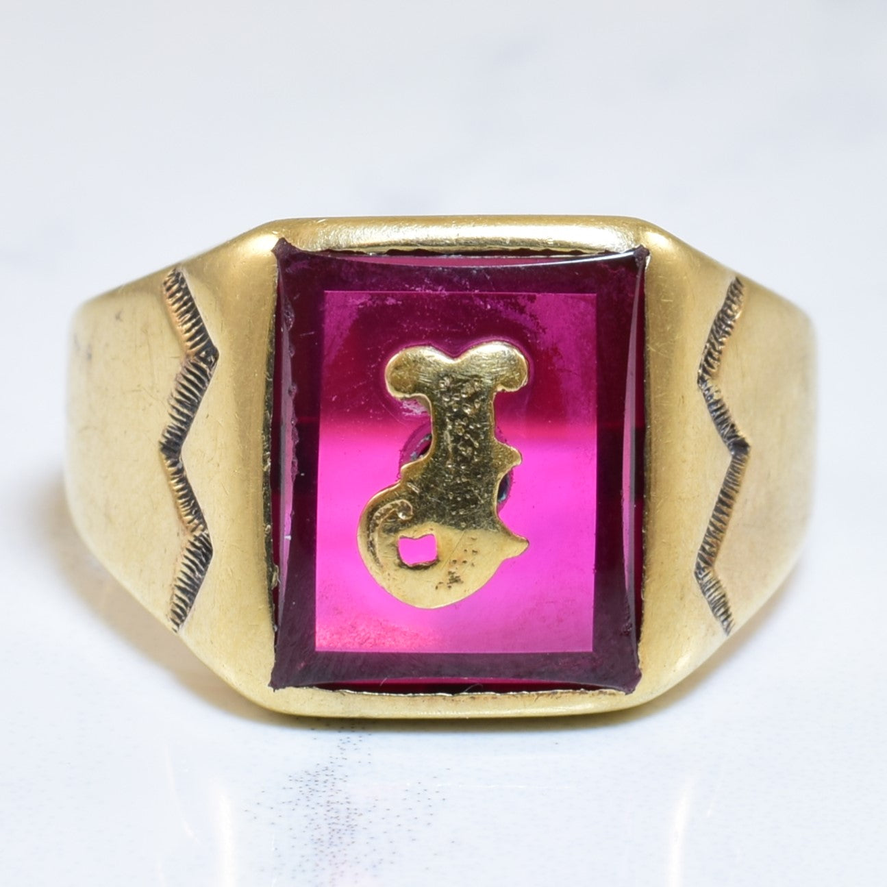Synthetic Ruby Initial 'J' Signet Ring SZ