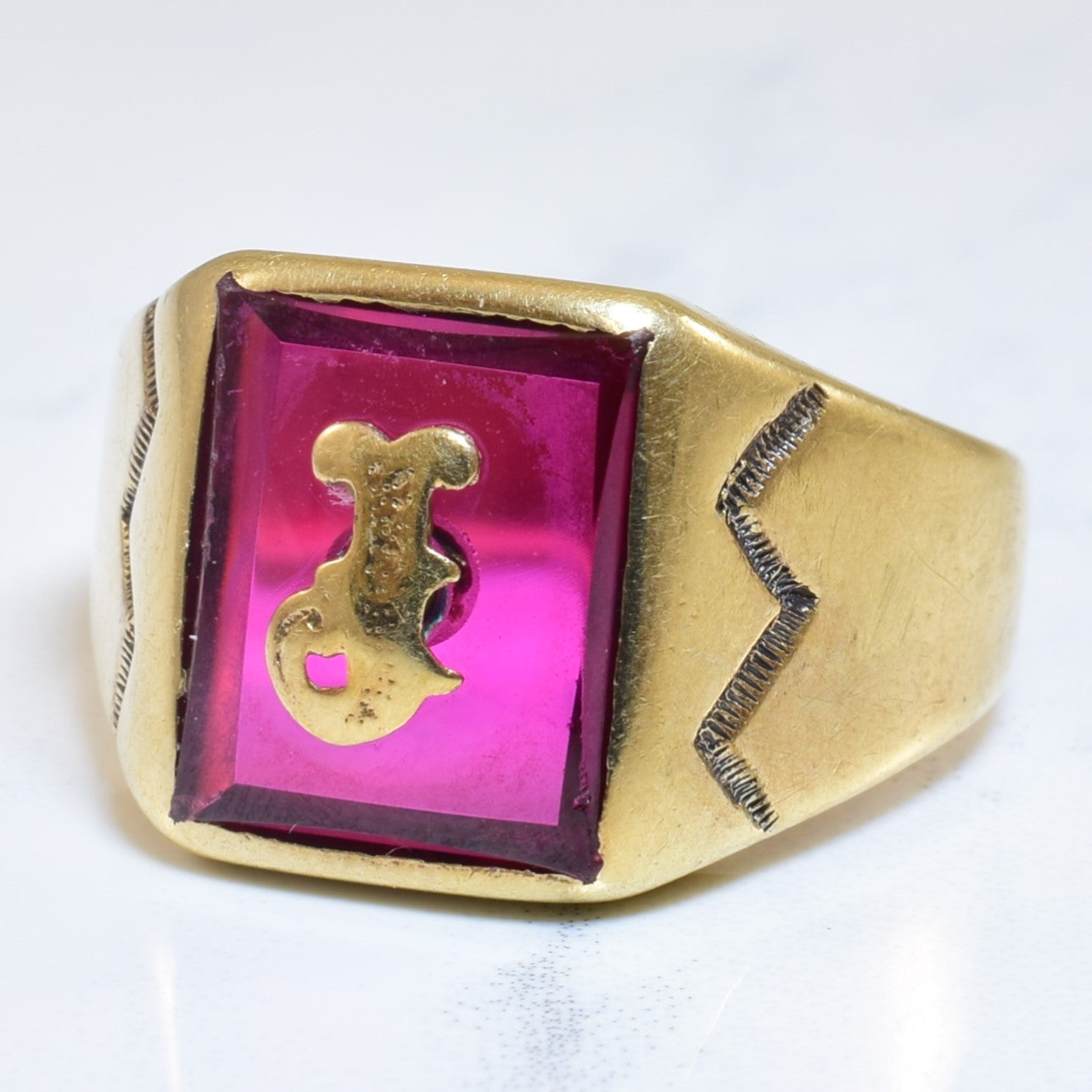Synthetic Ruby Initial 'J' Signet Ring | 6.00ct | SZ 8.5 |