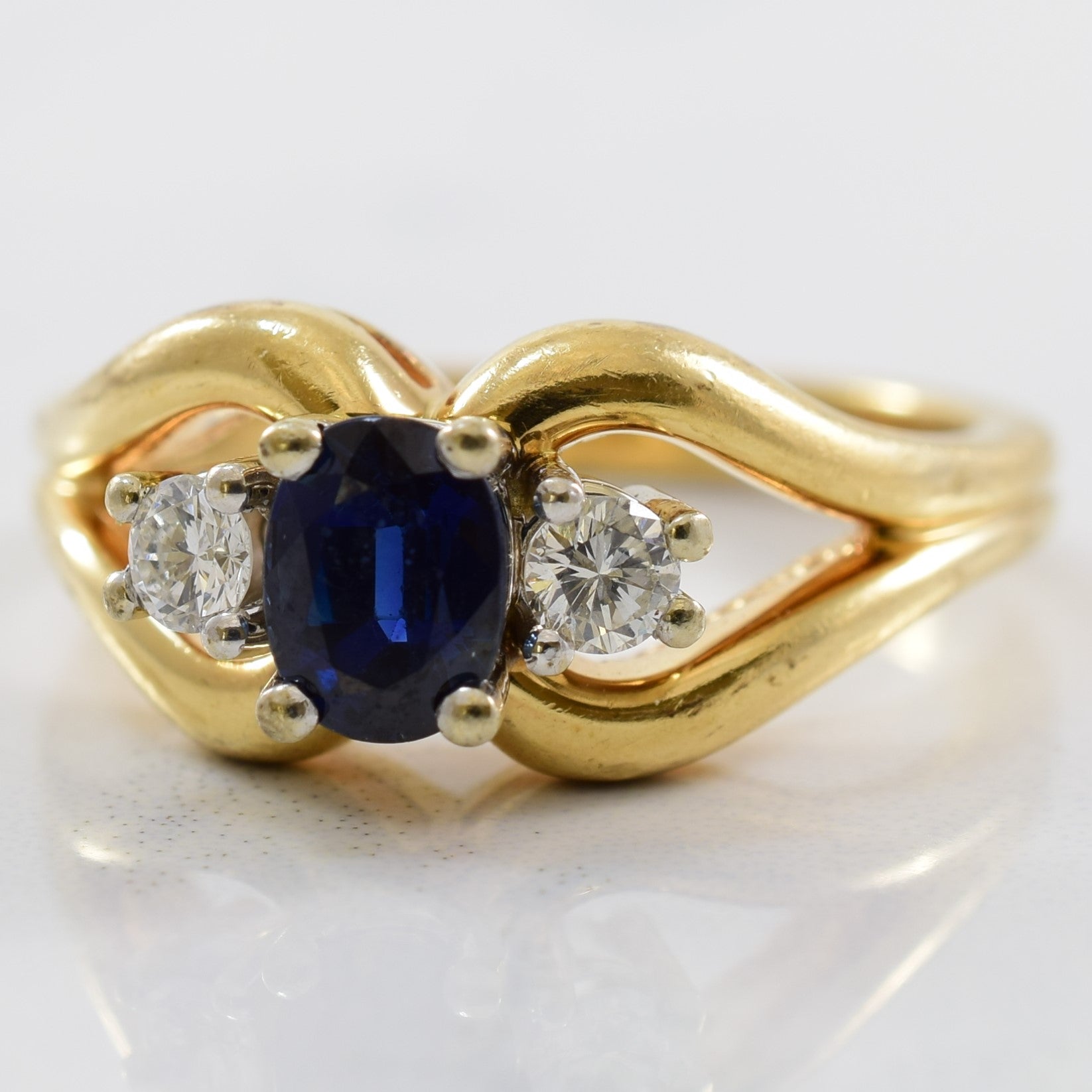 Three Stone Blue Sapphire & Diamond Ring | 0.14ctw, 0.77ct | SZ 6.5 |