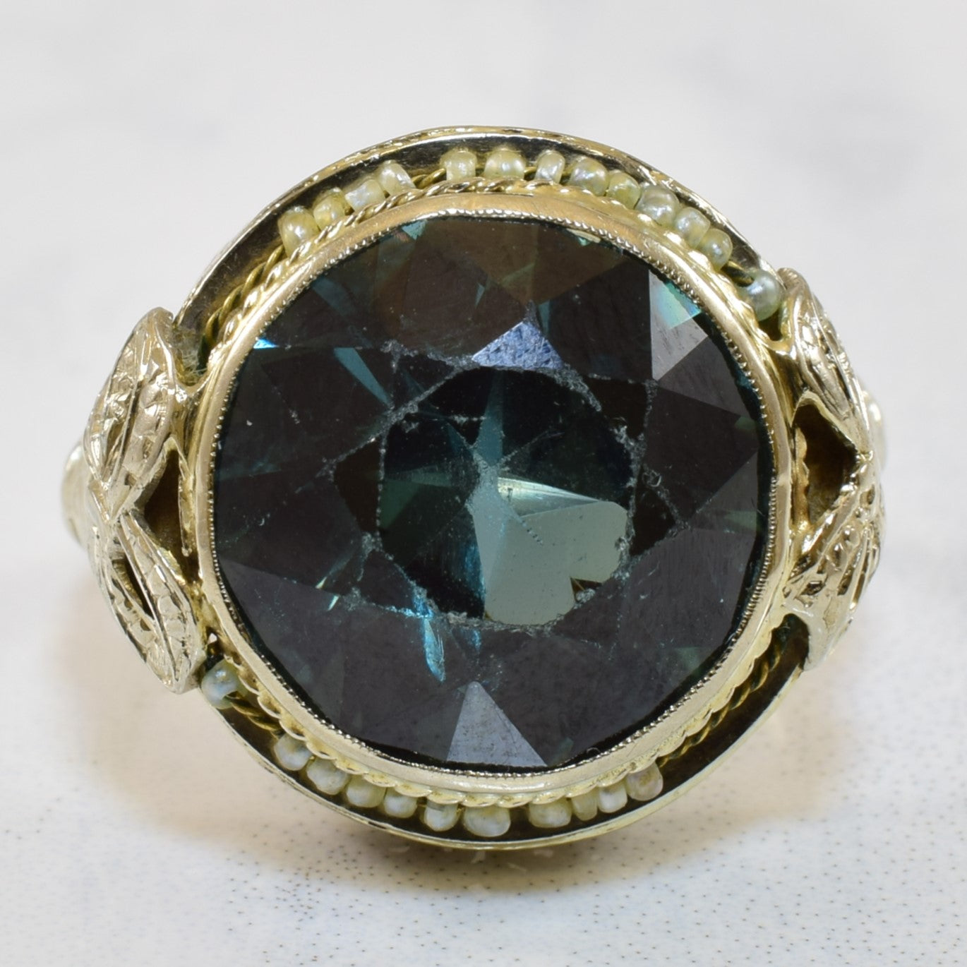 Bague Art Déco bleu sarcelle en pâte de perles et perles fines | 8,30 ct, 0,40 ct au total | Taille 6,5 |