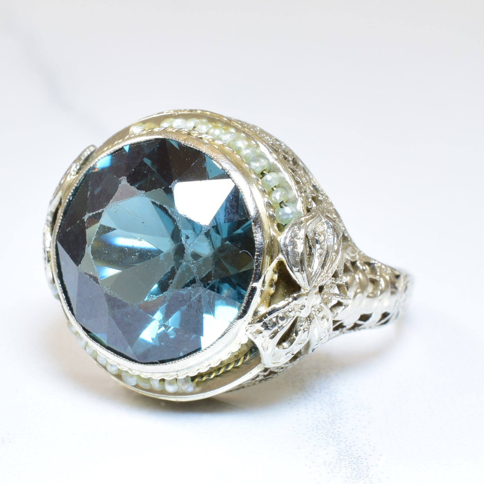 Bague Art Déco bleu sarcelle en pâte de perles et perles fines | 8,30 ct, 0,40 ct au total | Taille 6,5 |
